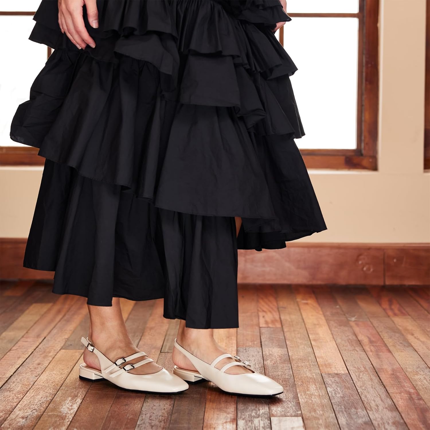 C.Paravano Women's Slingback Flats | Square Toe Flats | Adjustable Ankle Strap Shoes | Slip On Dress Shoes for Daily Wear(Size 10.5,White) - Image 2