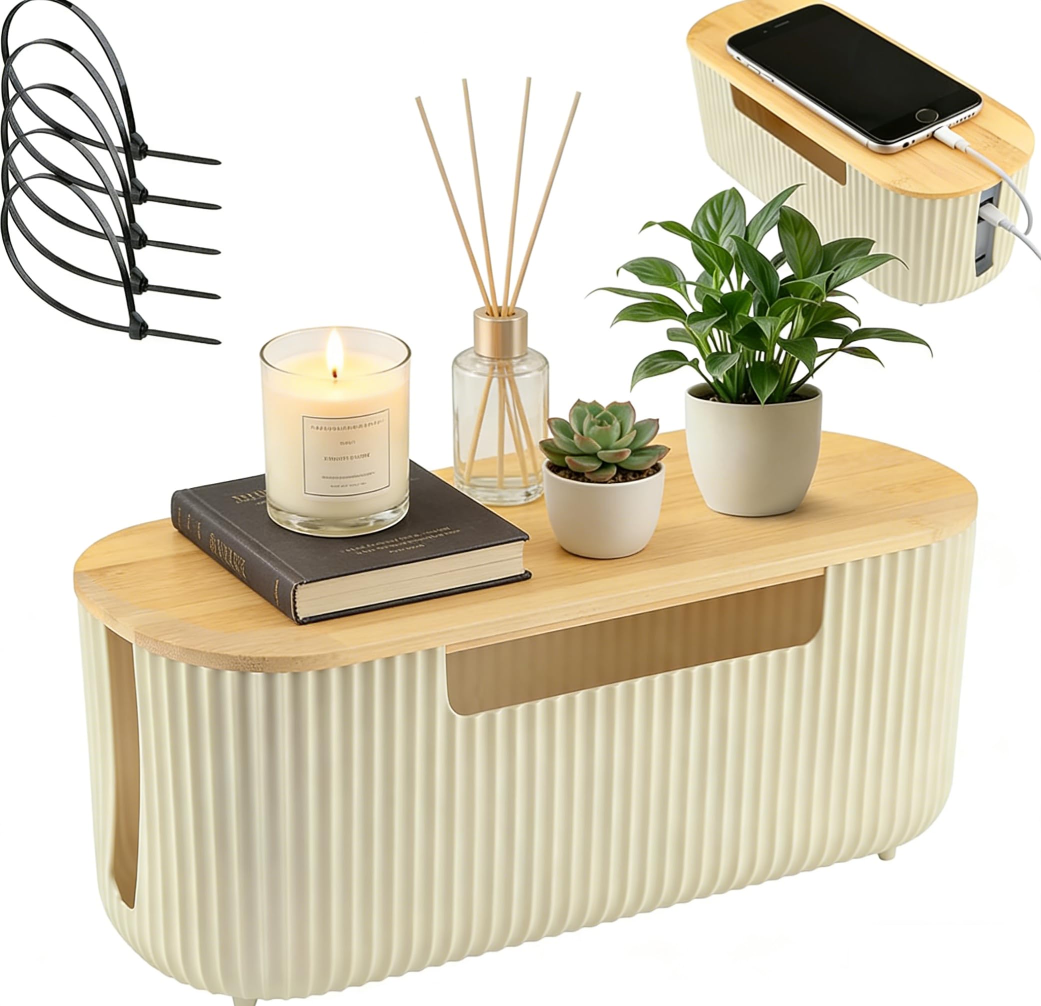 Cable Tidy Box, Cable Management Box Cord Hider Organizer with Bamboo Cover & 5 Cable Ties, Large Wire Box for Hiding Messy TV Wires, Power Strips, Computer, Home Office Desk and Floor (Beige)