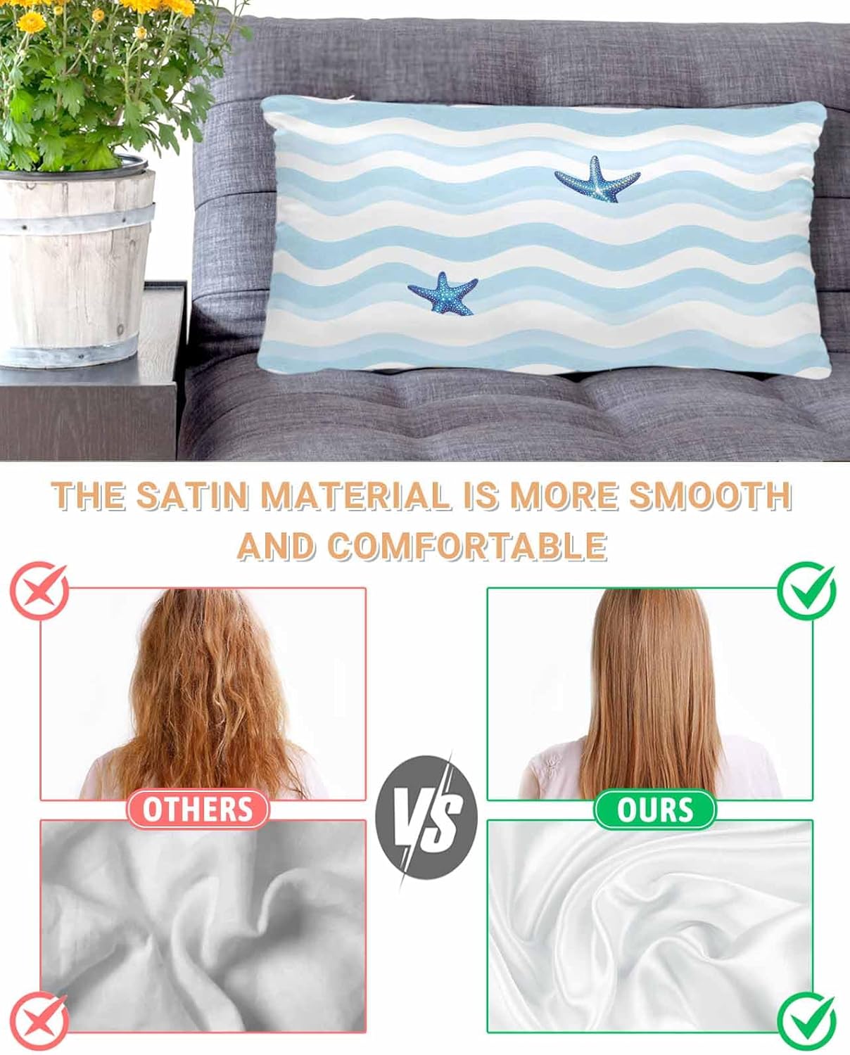 Ocean King Pillow Cases, Blue White Wave Stripes Starfish Satin Pillow Case Cover with Smooth Hidden Zipper Closure, Soft Throw Pillow Covers Cases for Couch Sofa Home Decoration 20 X 40 Inches