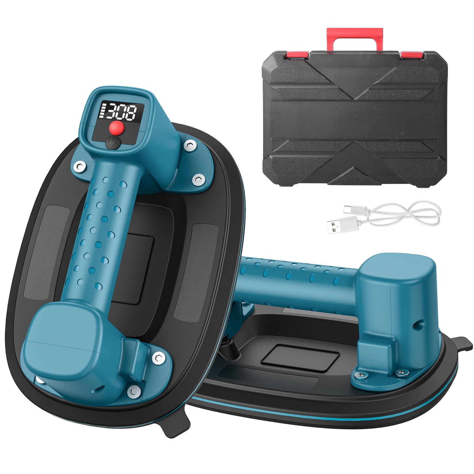 Akku Saugheber, 300 kg Tragkraft, Elektrischer Vakuumheber mit LCD-Anzeige & 4000 mAh Akku, Auto Nachsaugfunktion, Doppelmotor, 10" Saugnäpfe für Fliesen, Glas, Terrassenplatten (2er-Set)