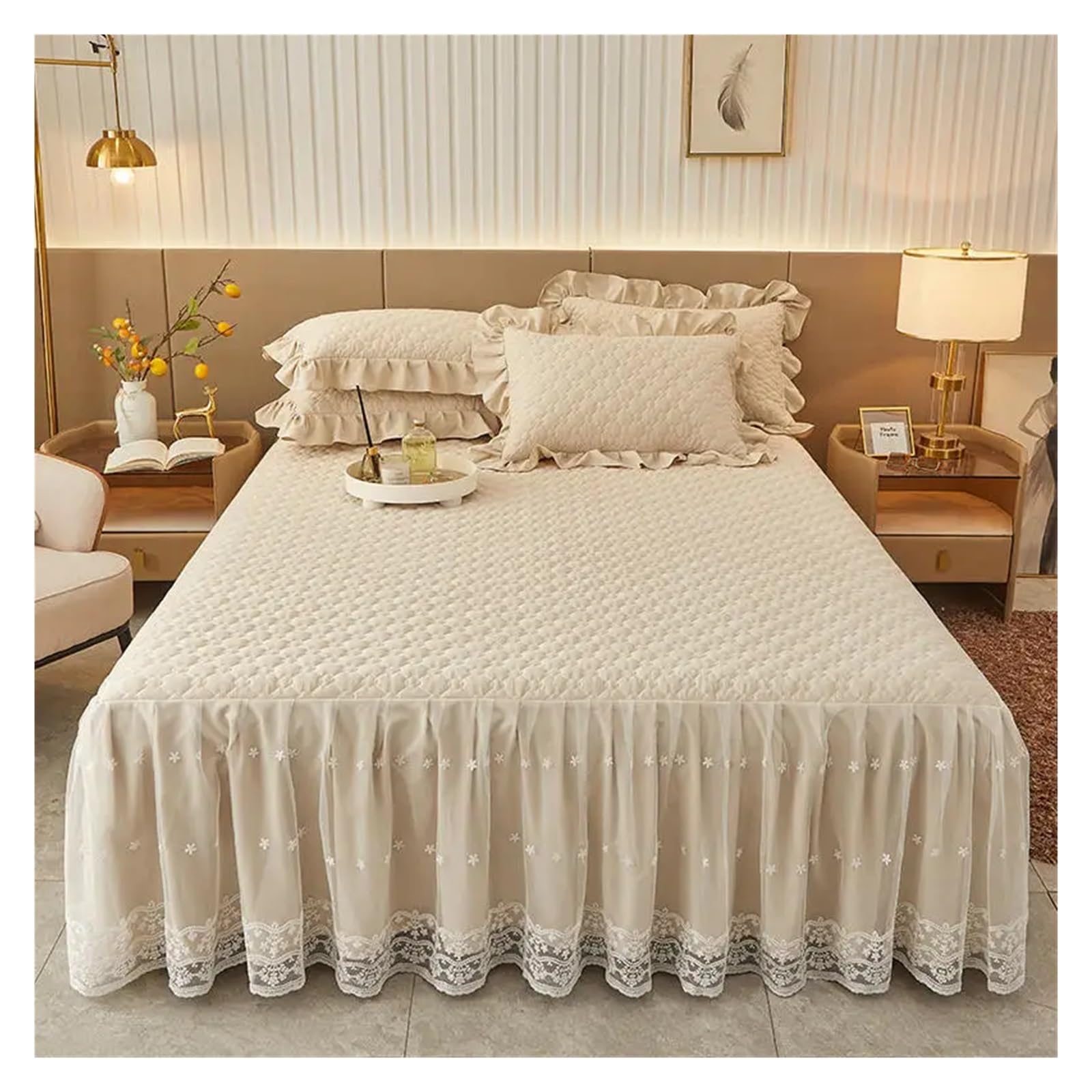 Bed Skirt Cotton Bedding Quilted Lace Embroidery Ruffles Mattress Cover Bedspread Pillowcases 1/3Pcs(Beige,3pcs design 180x220)