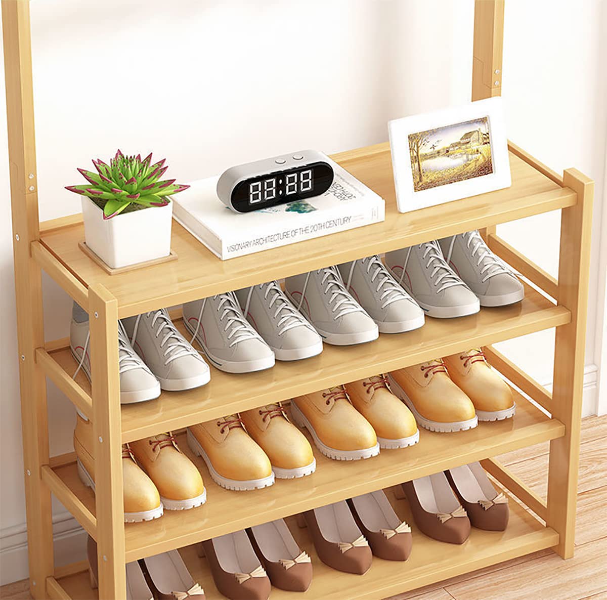 Shoe Rack with Hanging Clothes, Free Standing Entryway Shoe Tower Shelf with Coat Rack, Shoes