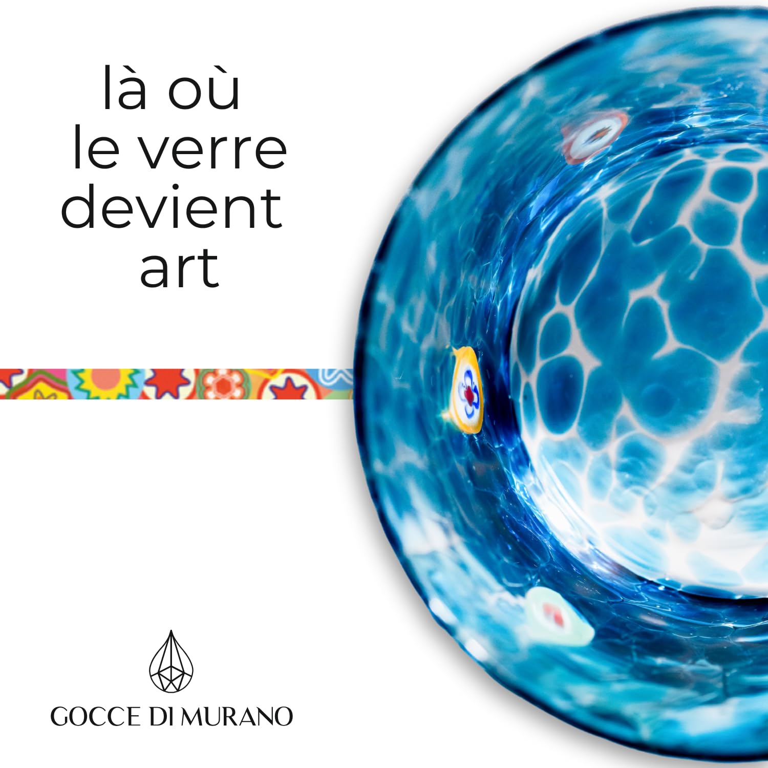 Gocce di Murano Lot de 6 verres à eau fabriqués selon la tradition des artisans de Murano, verre soufflé et travaillé à la main, 300 ml, verres à eau en verre arc-en-ciel pluie