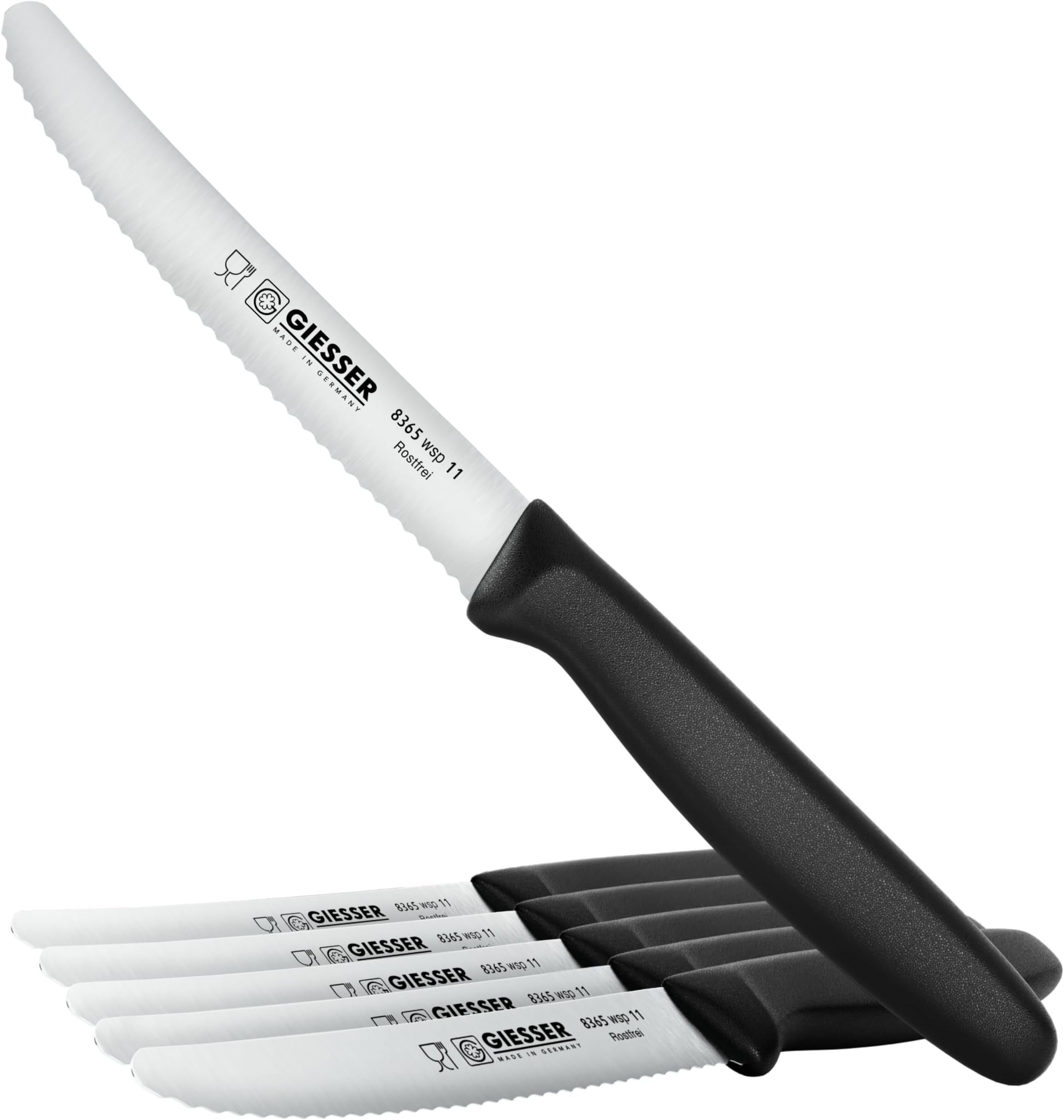 Giesser since 1776, Made in Germany, Serrated kitchen knives round tip dishwasher safe 4.5 inch - Tomato knife, Steak knive set of 6 (Black)