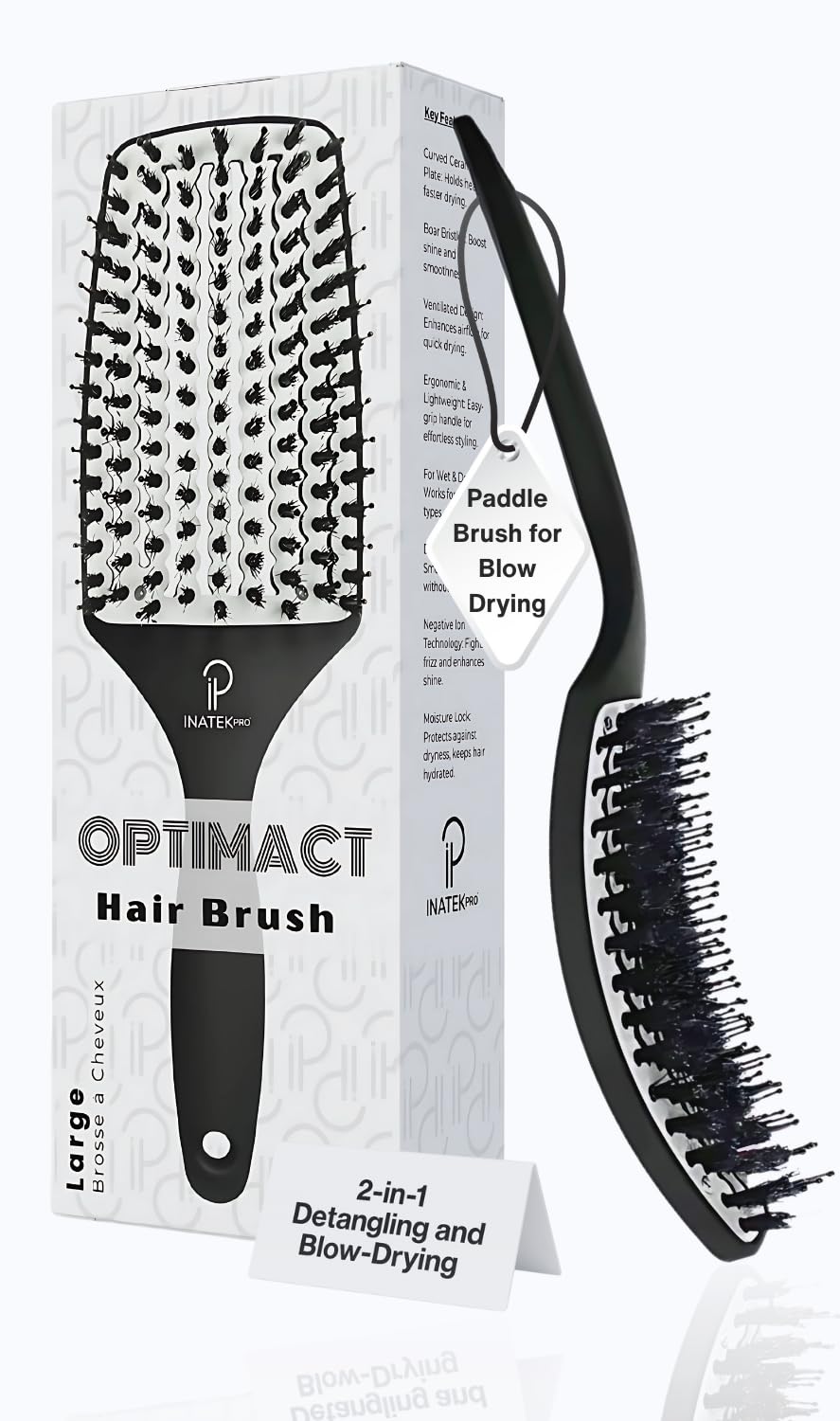 Inatekpro Curved Vented for Blow Drying - Boar Bristle Brush (Large) with Comfortable Handle - Soft Bristle Brush for Thick and Fine Hair - Natural