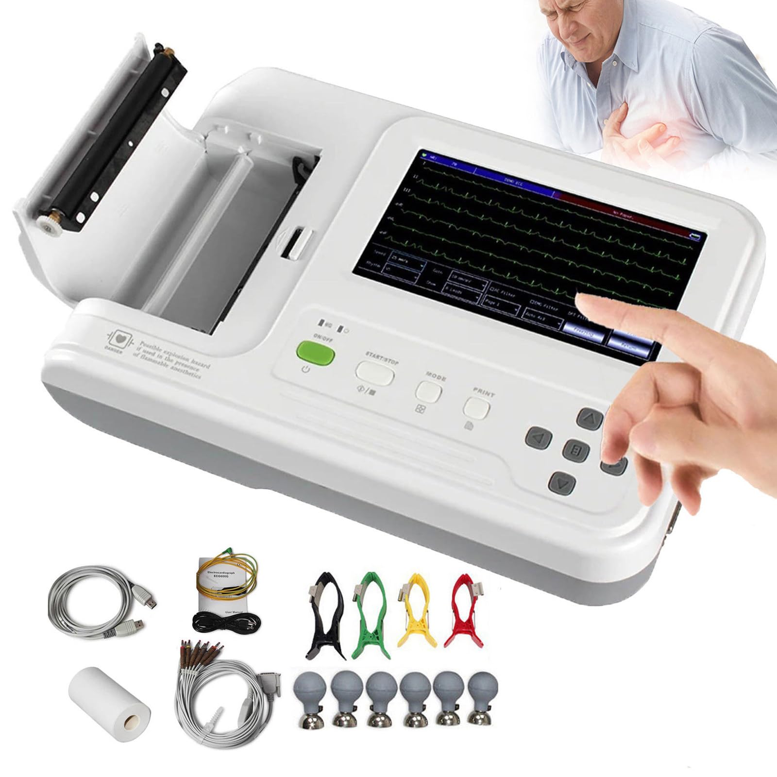 Monitor Ecg Portatile,Monitor per La Salute Cardiaca a Domicilio, Elettrocardiografo Ecg/Ekg a 6 Canali E 12 Derivazioni,Con Modalità Di Dimostrazione Della Forma D'onda Ecg,Interfaccia Multilingue