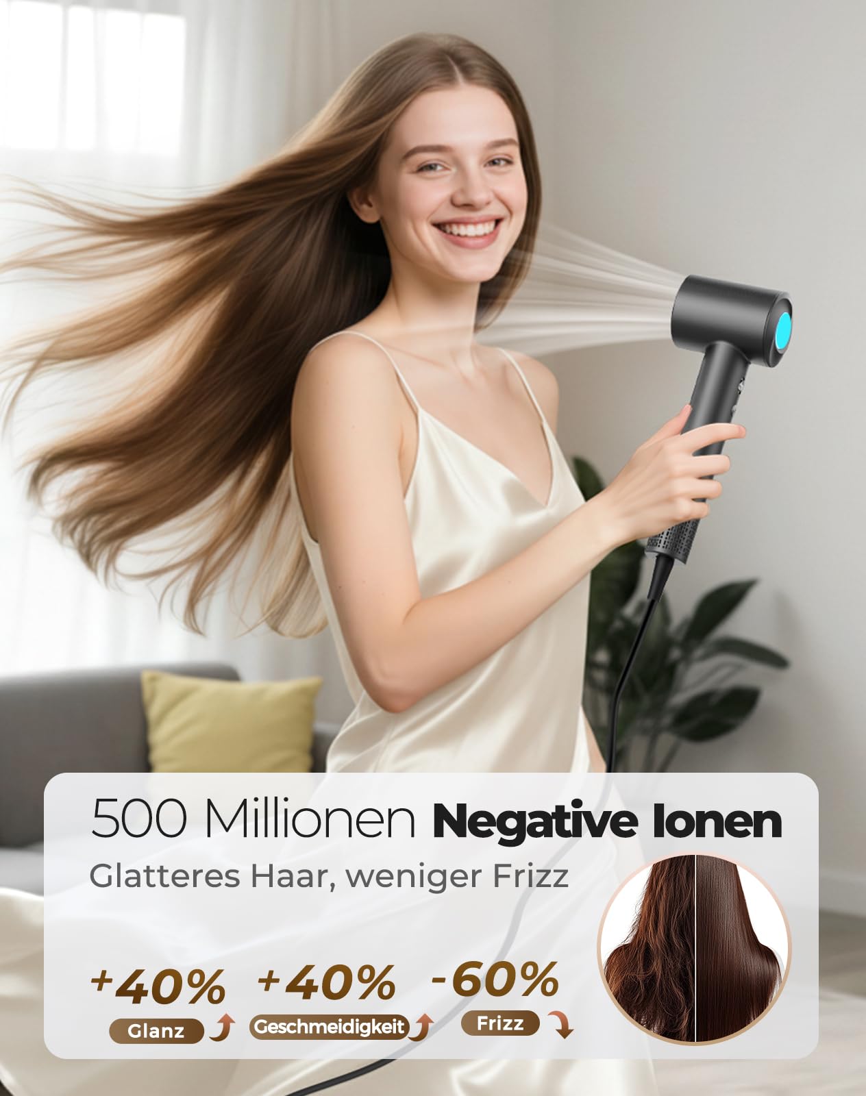 Haokoo Ionen Föhn mit Diffusor - 150.000 U/min High-speed Haartrockner Schnelles Trocknend, Fön mit 500 Mio. Negative Ionen, 8 Temperatur-Stufen für Locken/Dicke Haare, Zuhause, Reisen, Salon
