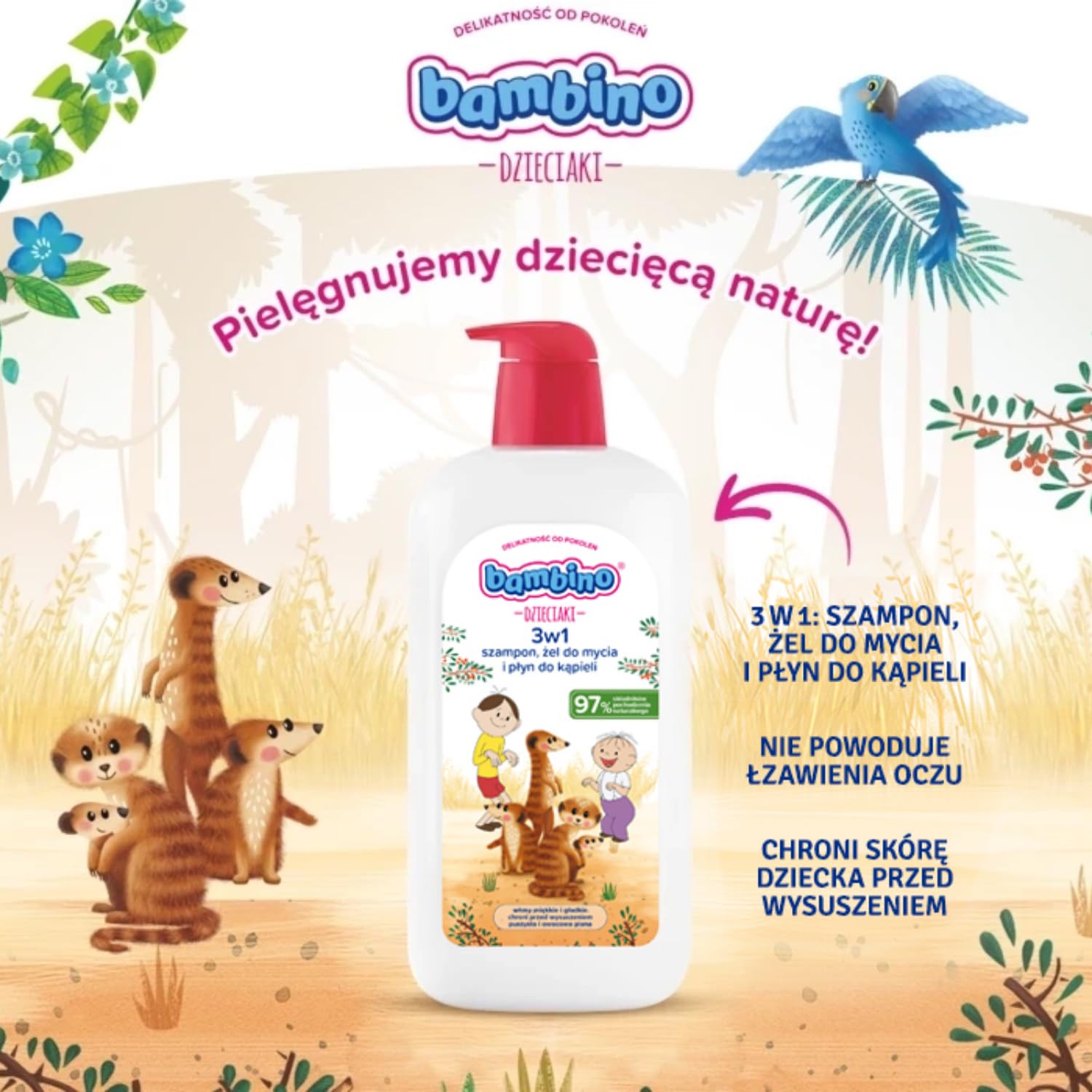 Bambino Dzieciaki 3w1 szampon, żel pod prysznic i płyn do kąpieli Surykatki 1000 ml