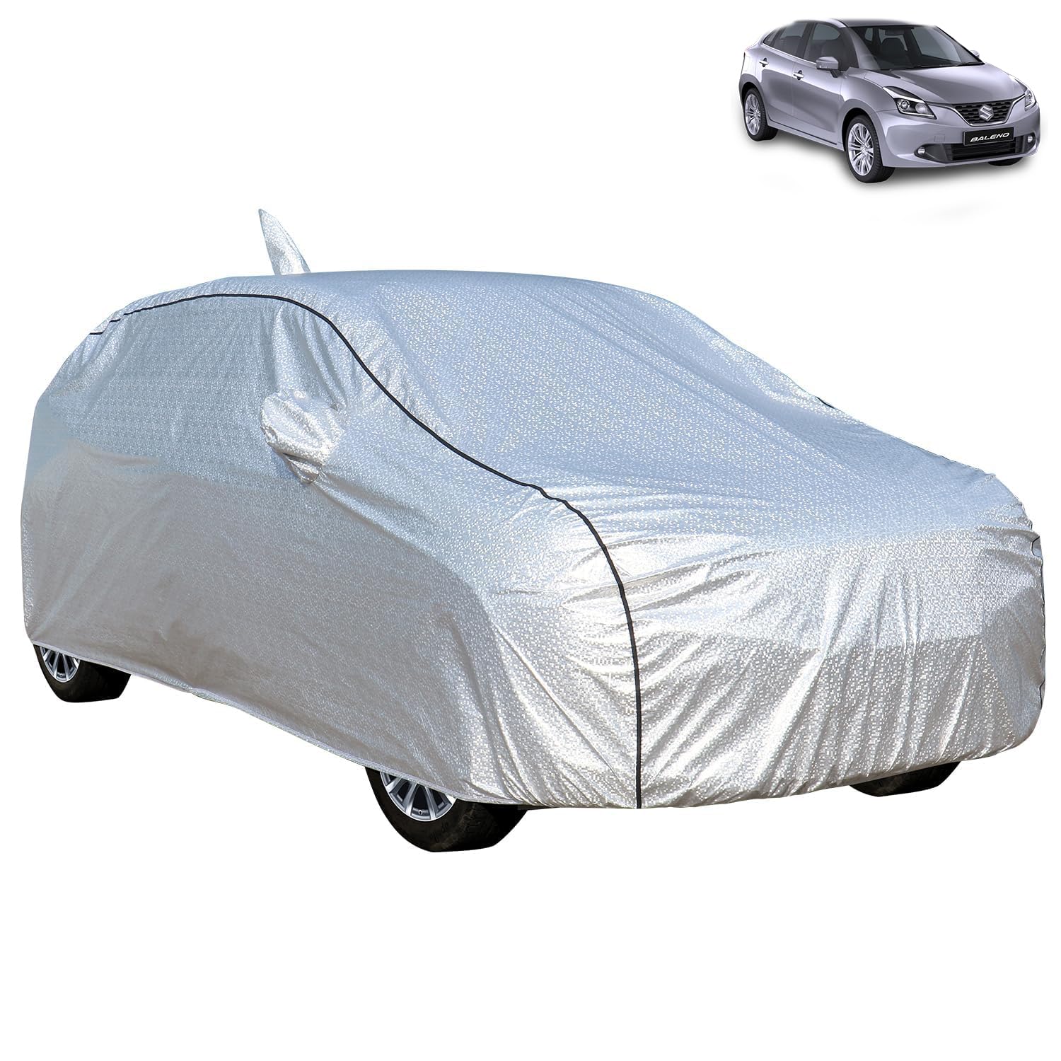 Allextreme Car Cover for Maruti Baleno All Model & Years (2015-2025) 100% Waterproof with Mirror & Antenna Pocket Triple Stitched Bottom Elastic Dustproof Full Body Protection (UV Resistant Silver)