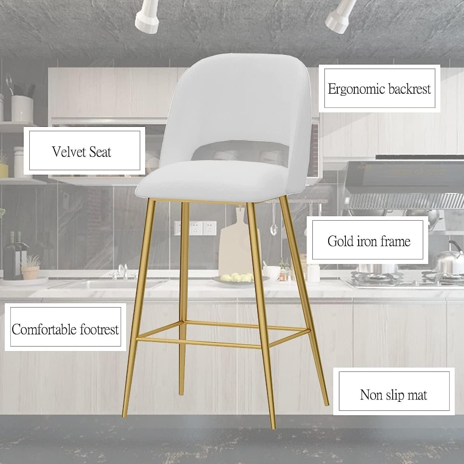 Taburete de Bar de Altura de mostrador, 1 Unidad, Moderno, de Terciopelo con Respaldo y Patas de Metal Dorado, para Cocina y Desayuno.