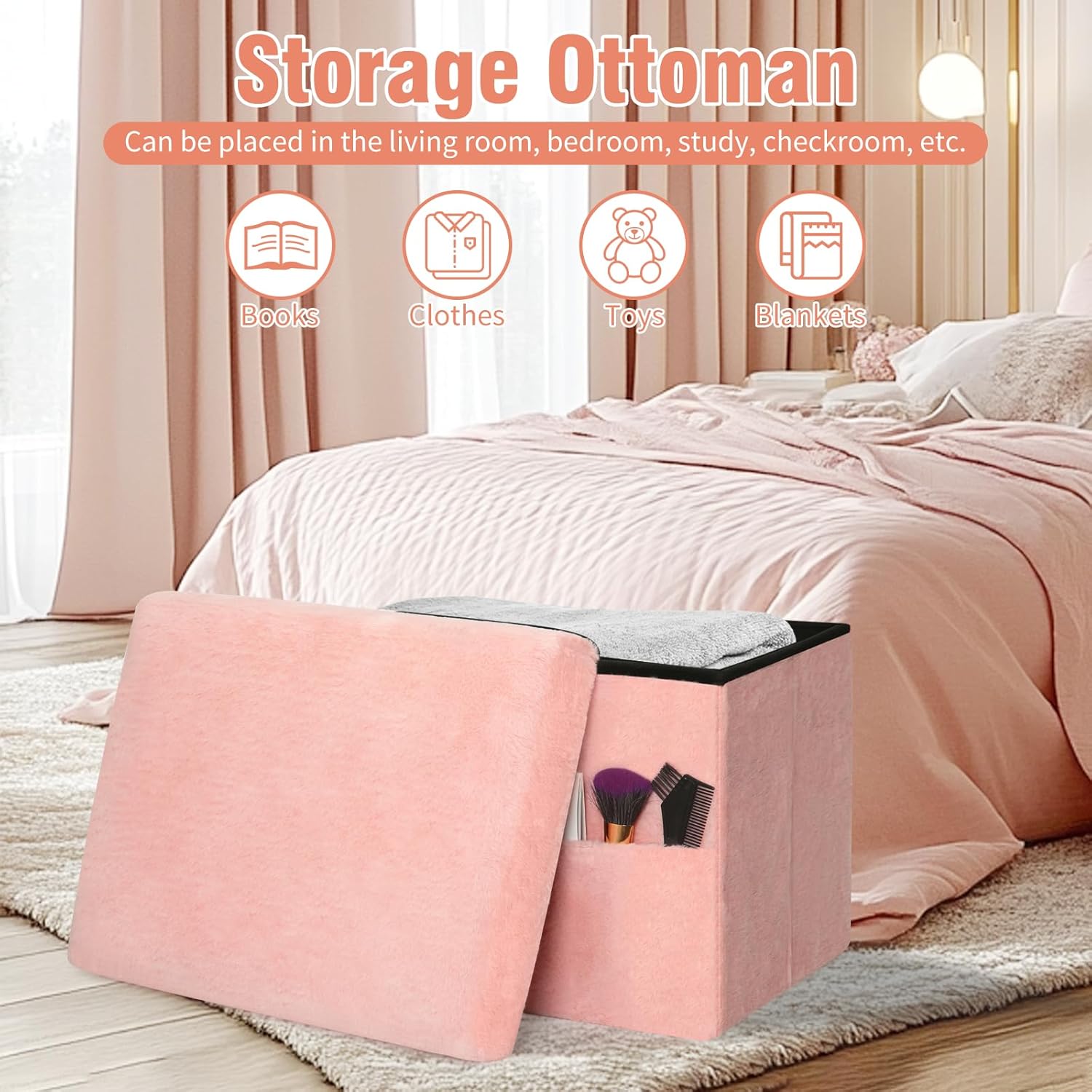 Storage Ottoman, Folding Ottoman Foot Rest Stool with Thicker Furry Padded Seat. Soft Fur Small Ottoman Bench with Storage for Bedroom Living Room, Holds Up to 300 lbs, 17x13x13IN (Pink) - Image 4