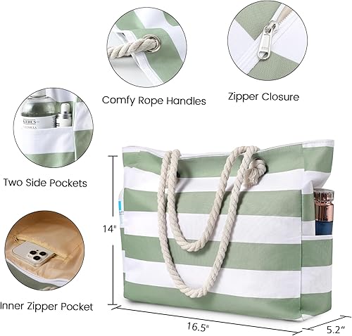 Vista 3 de Clothirily Bolsa de playa para mujer, bolsa grande de playa, impermeable, a prueba de arena, con cremallera, bolsa grande para piscina, playa