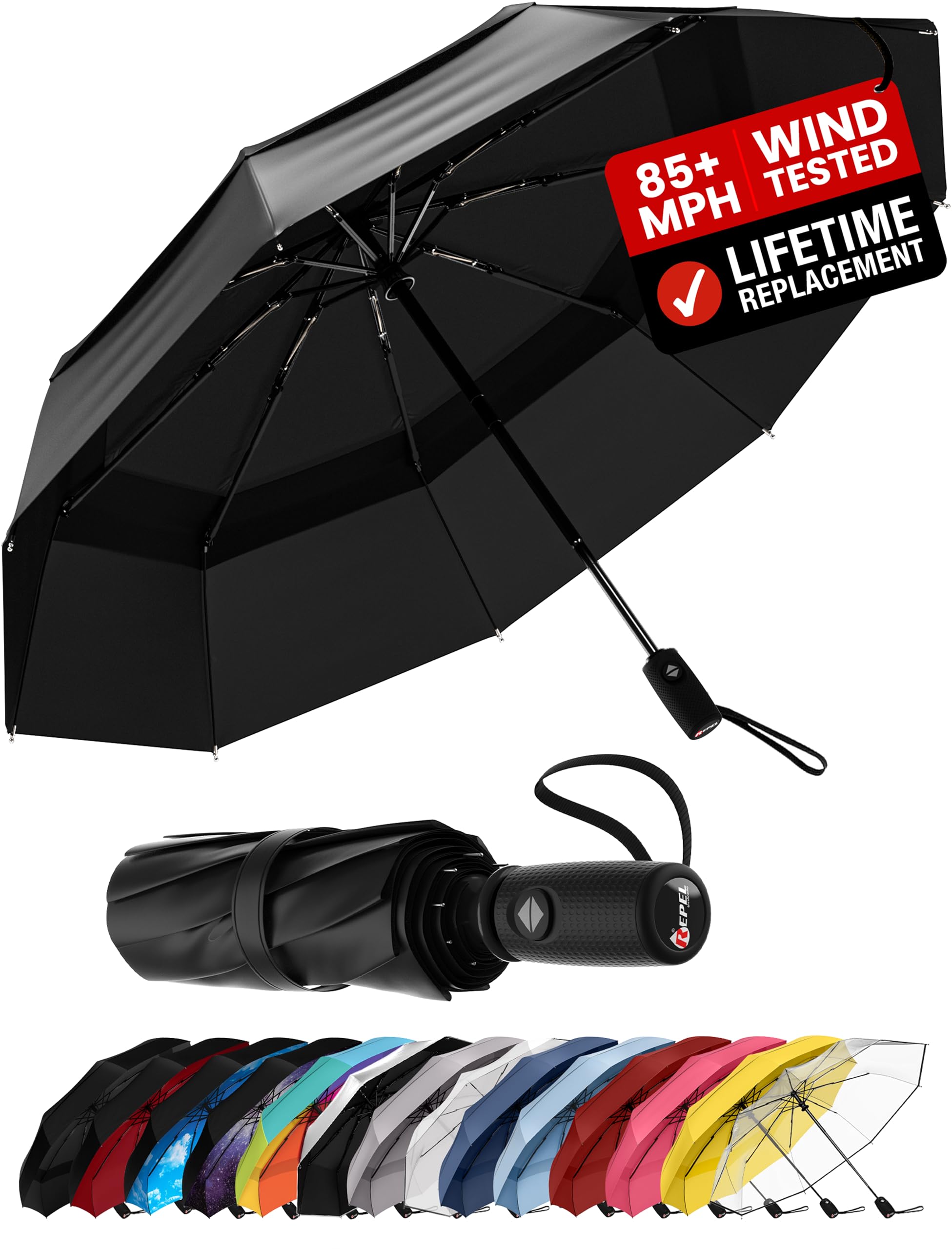 Repel Umbrella Windproof Travel Umbrellas for Rain - Easy Auto Open Close, Durable & Compact Umbrella, Strong Fiberglass Frame, Waterproof Canopy - Backpack, Purse, Portable Umbrella for Travel