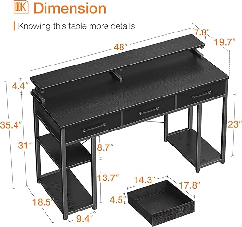 Miniatura 3 de ODK Escritorio para computadora con cajones y estantes de almacenamiento, escritorio de oficina en casa de 48 pulgadas con soporte para monitor,