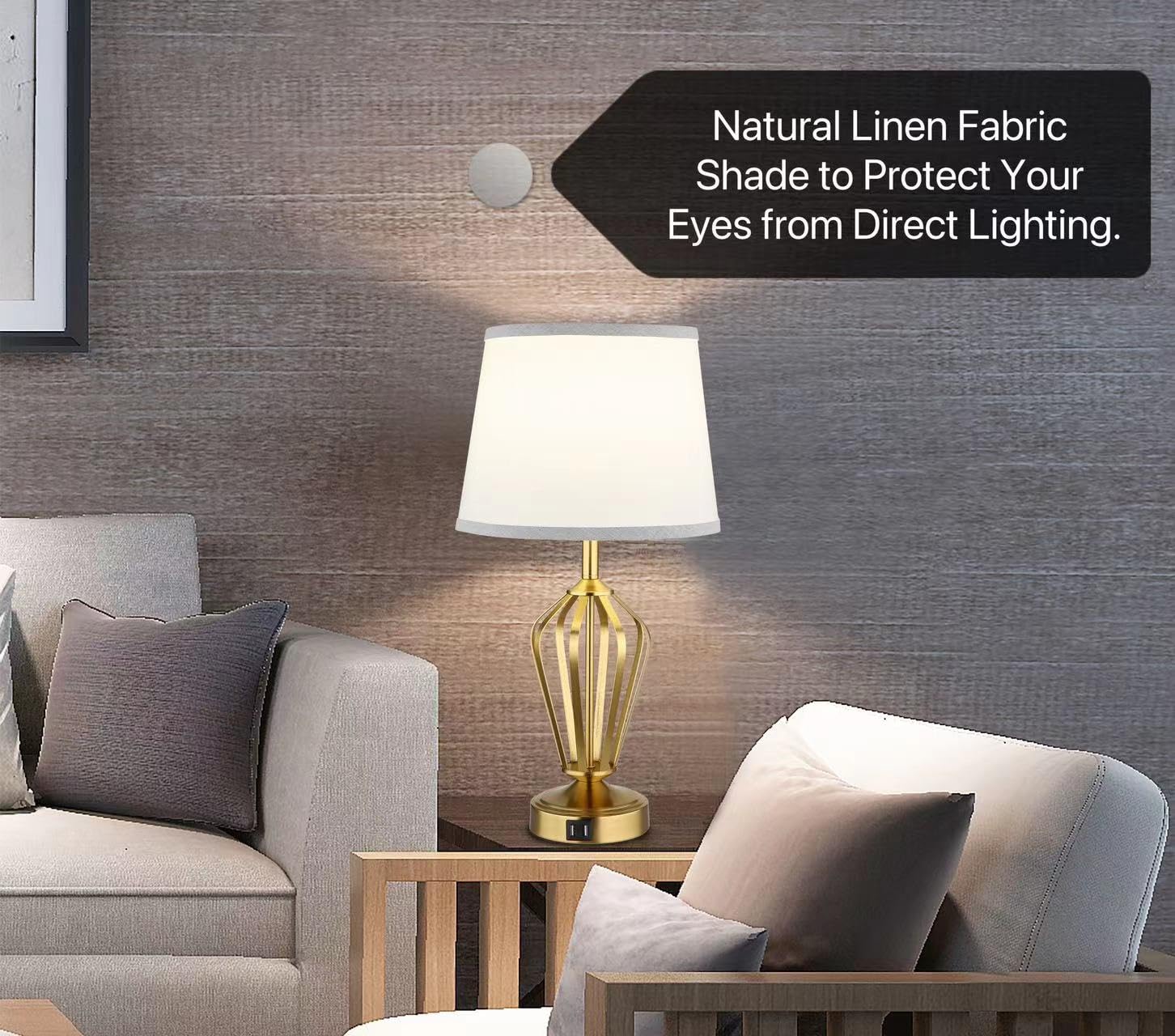 Set Of 2 Touch Table Lamps With USB Ports - 3-Way Dimmable Bedside Nightstand Lamps, Gold Spiral Cage Design