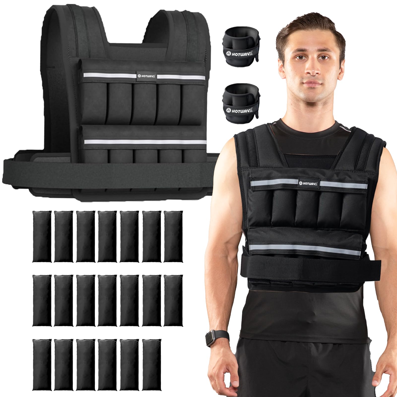 HOTWAVE Weighted Vest for Men Women - Adjustable 2-18 lbs Weight Vest with Reflective Ankle Weights - Fitness Walking Ru