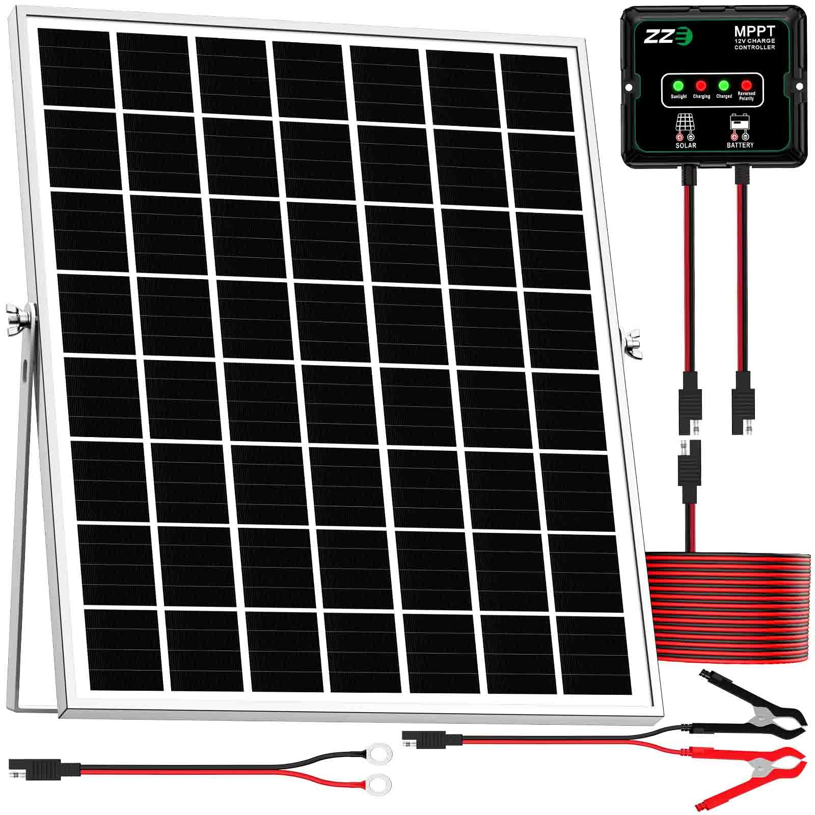 Cargador de batería con energía solar, 20 W, 12 V, kit de panel solar, controlador de carga MPPT con 8 funciones de protección, IP68, resistente al agua para caravana, remolque, automóvil, motocicleta
