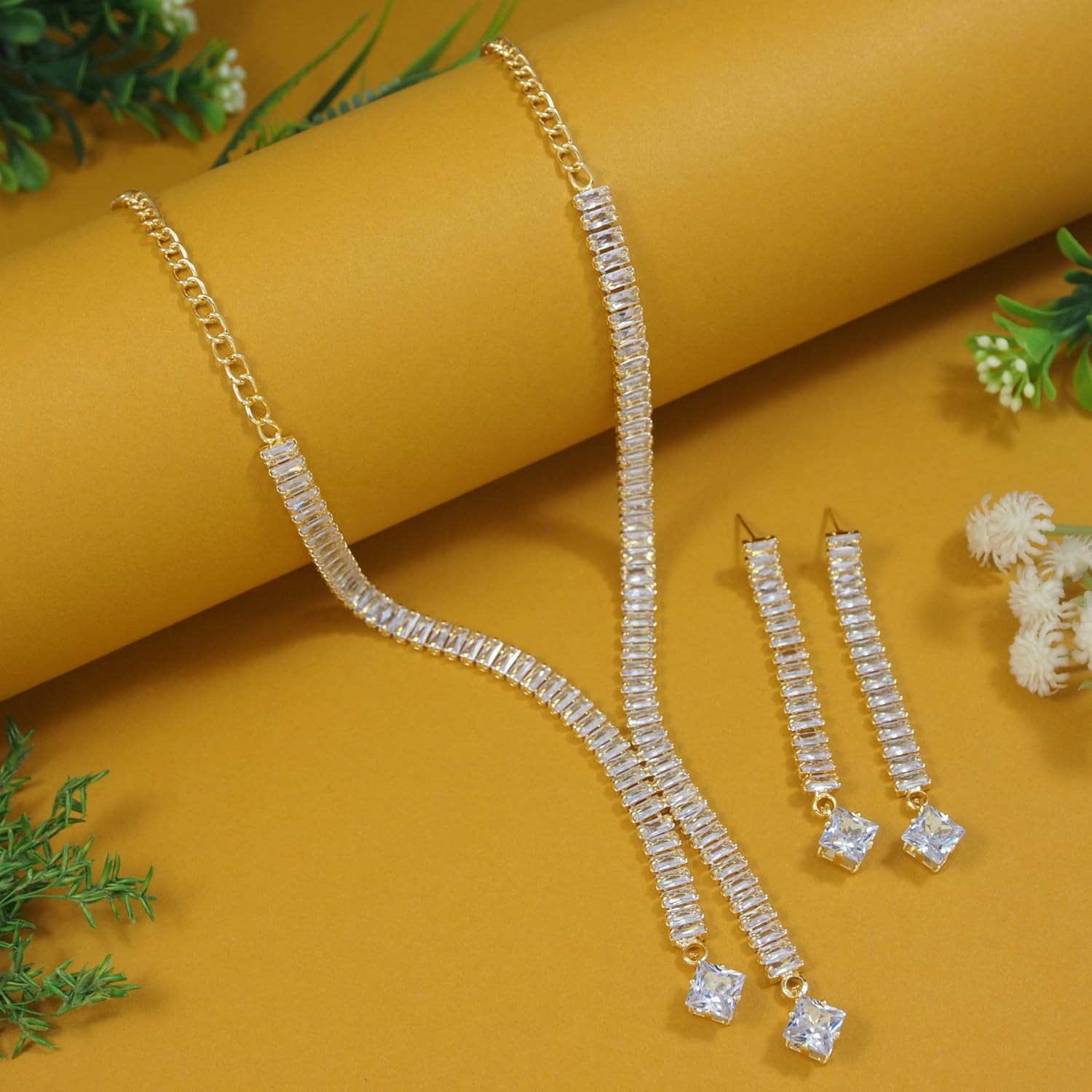 I Jewels Gold Plated Cubic Zirconia Crystal Diamond Necklace & Earrings Jewellery Set for Women (AD0040FL)