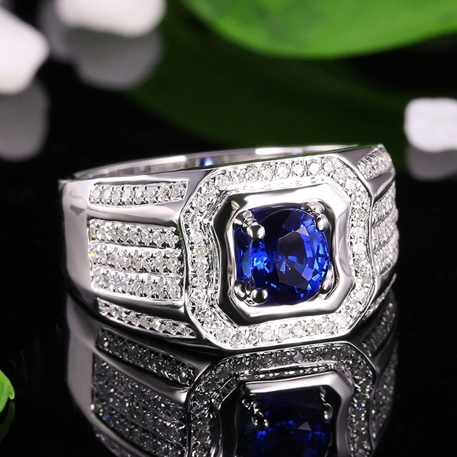 Anillo Hombre Boda, Anillos Oro 18K Hombre Azul 1.23 Kilates Zafiro Creado En Laboratorio Cuadrado Oro Blanco 750 con Moissanita Talla 25