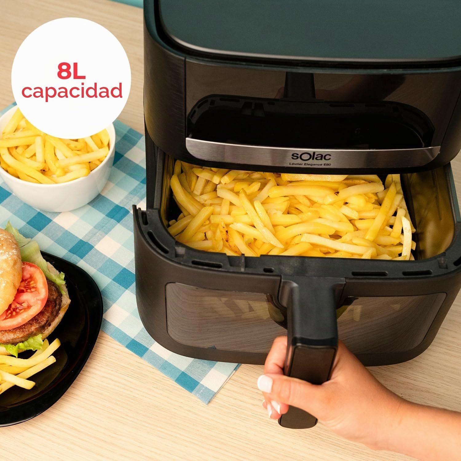 Solac - Air Fryer Leviter Elegance E80 | 1800W 8L | Pantalla Táctil | 8 Programas Automáticos | Temperatura Ajustable y Temporizador | Cocina Rápida | Apta para Lavavajillas | Negro
