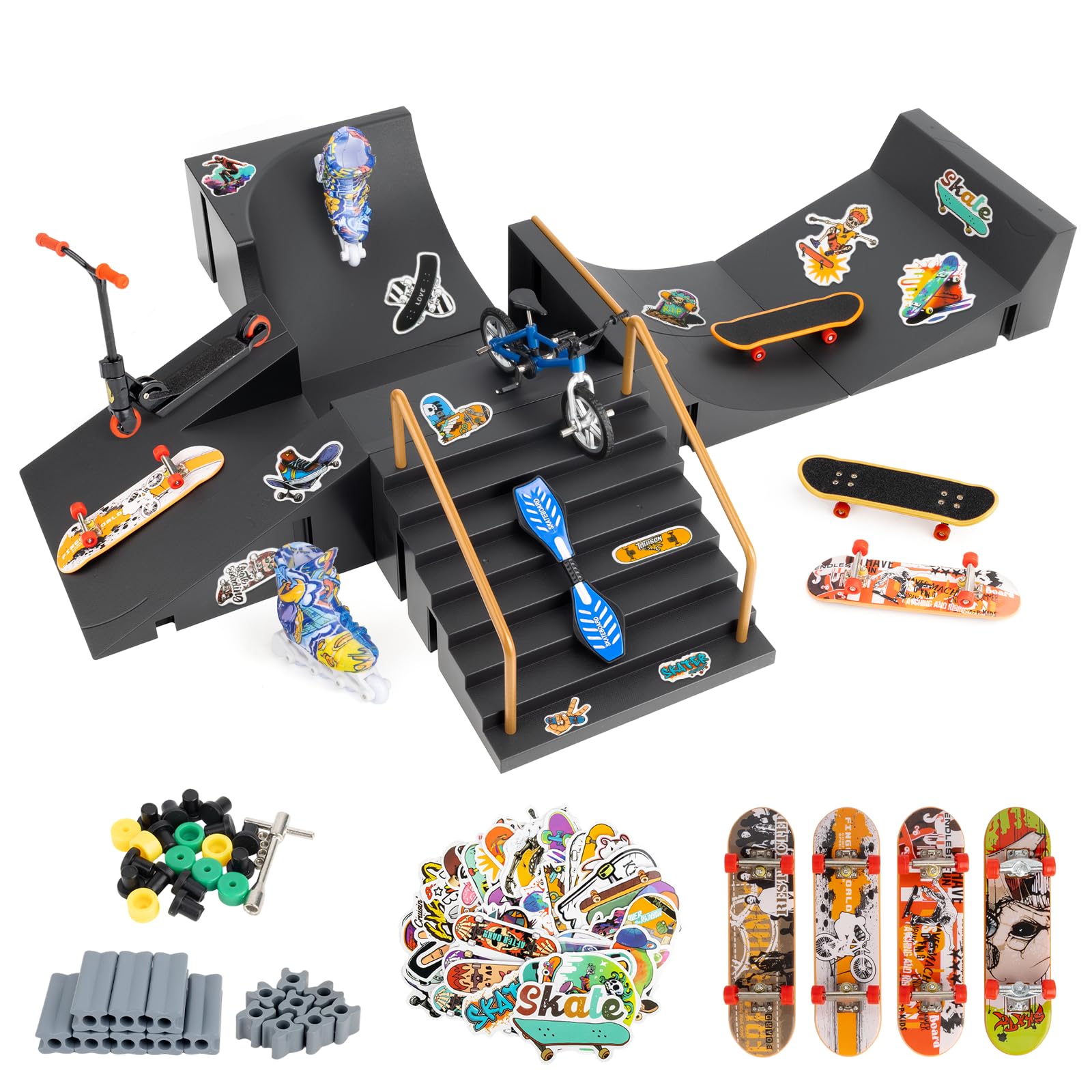 Finger Skateboards Ramp Set, 5 in 1 Fingerboard Skatepark Deck with 4 Skateboards 4 Fingerboard Ramps & Display Holder, Mini Finger Toy for Kids Adults Birthday Gift (Black)
