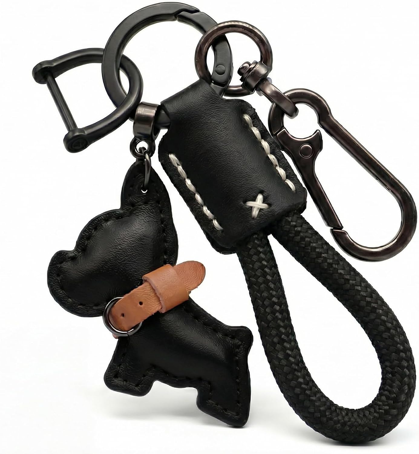 Leather Dog Bag Charms Purse Keychain for Women Men,Handmade Cowhide Cute Puppy Keychain with Anti-Lost D-Ring