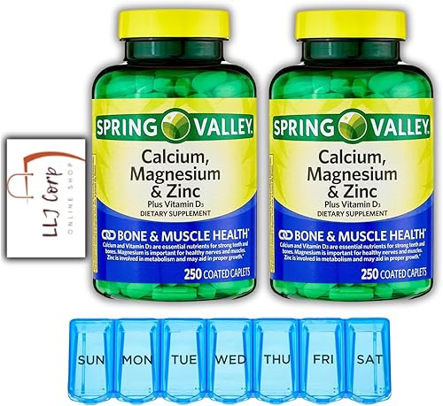 2 cápsulas recubiertas de calcio, magnesio y zinc más vitamina D3 de Spring Valley, paquete de 250 unidades con planificador semanal de píldoras +