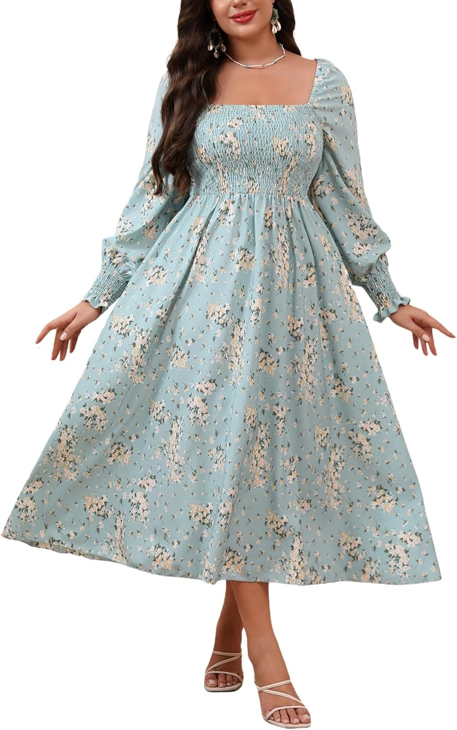 Floerns Women's Plus Size Floral Maxi Dress Bishop Sleeve Square Neck Smock A Line Dress