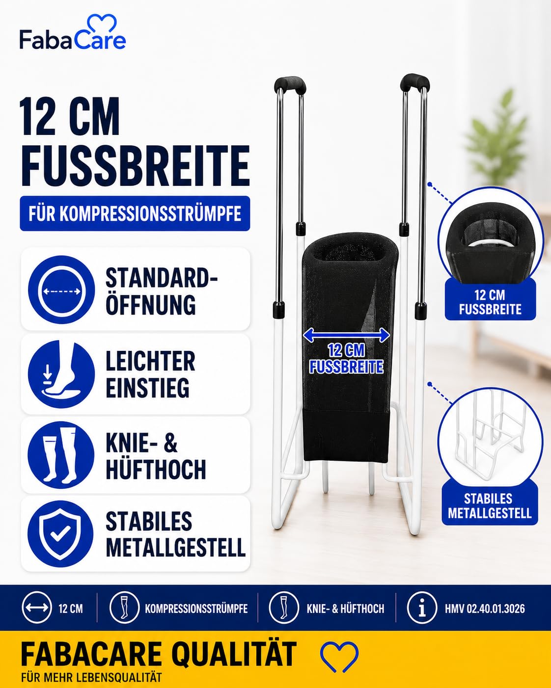 FabaCare Strumpfanzieher Anziehhilfe 12 cm für Kompressionsstrümpfe | Höhenverstellbar 41–61 cm, für Stütz- & Thrombosestrümpfe, knie- & hüfthoch, Metallgestell mit PU-Griffen
