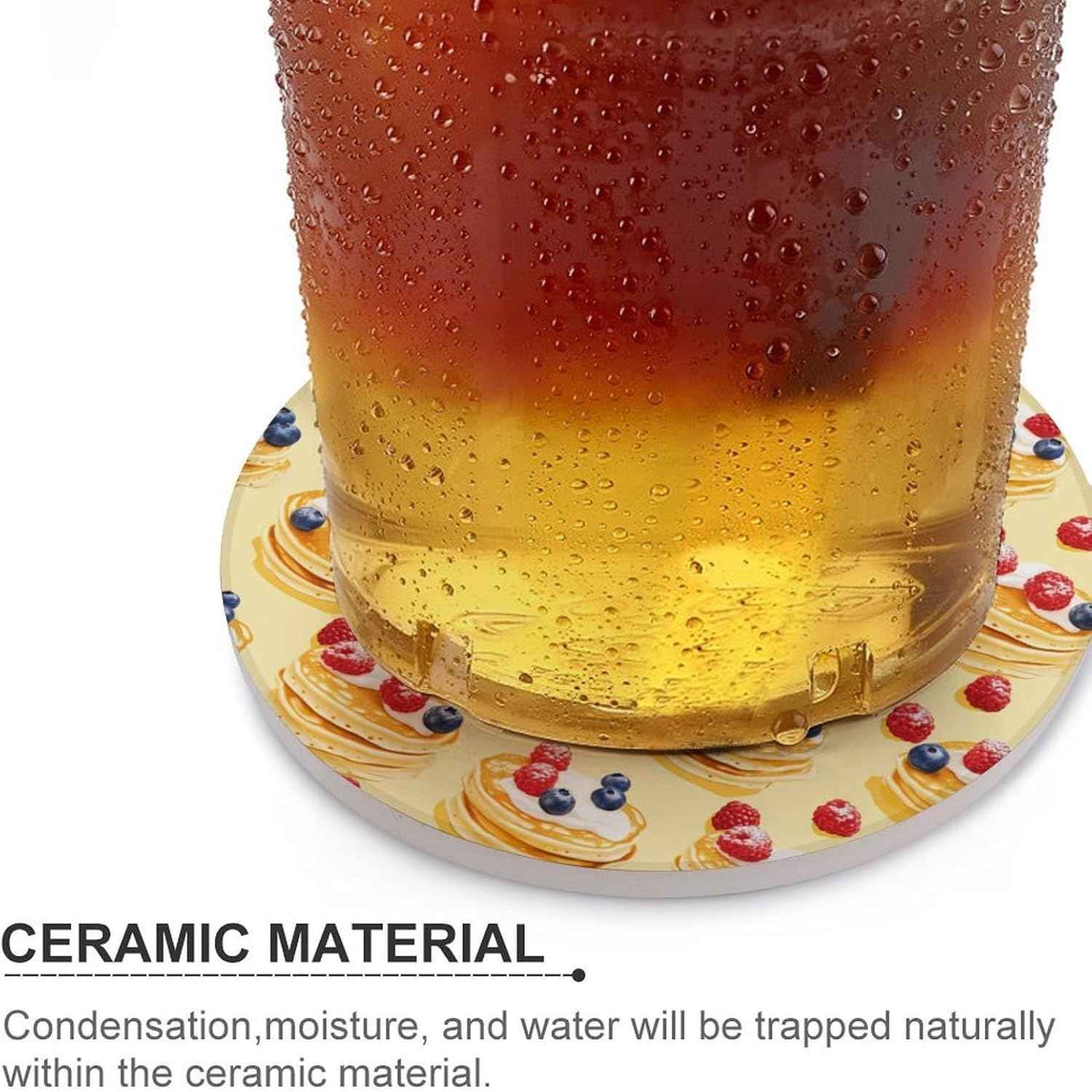 Pancake with Berries Round Ceramic Coasters for Drinks Absorbent Cup Holder Tabletop Protector with Cork Base