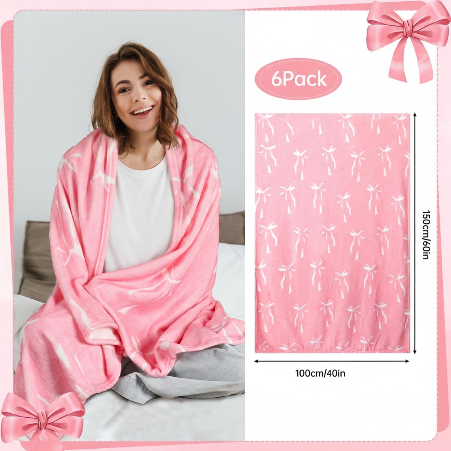 Buryeah 6 Pcs Pink Throw Blanket Preppy Sleepover Blanket 40"x60" Flannel Soft Decor Lightweight Aesthetic Plush Room Decor for Sofa Couch Travel Bed Christmas Decoration(Multicolor,Bow) - Image 3