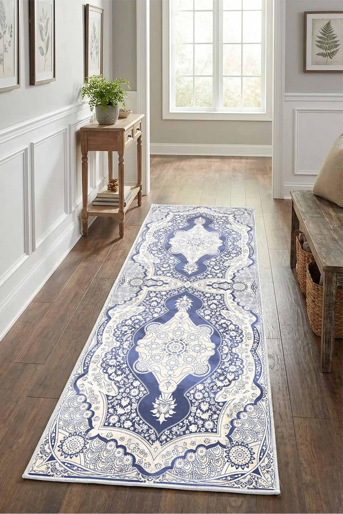 Monnhein Lacivert Yolluk 1356 - Yıkanabilir, Kaymaz Taban, Dijital Baskılı, Leke Tutmaz, İnce Hav, Modern Koridor, Mutfak, Antre ve Salon için Dekoratif Yolluk