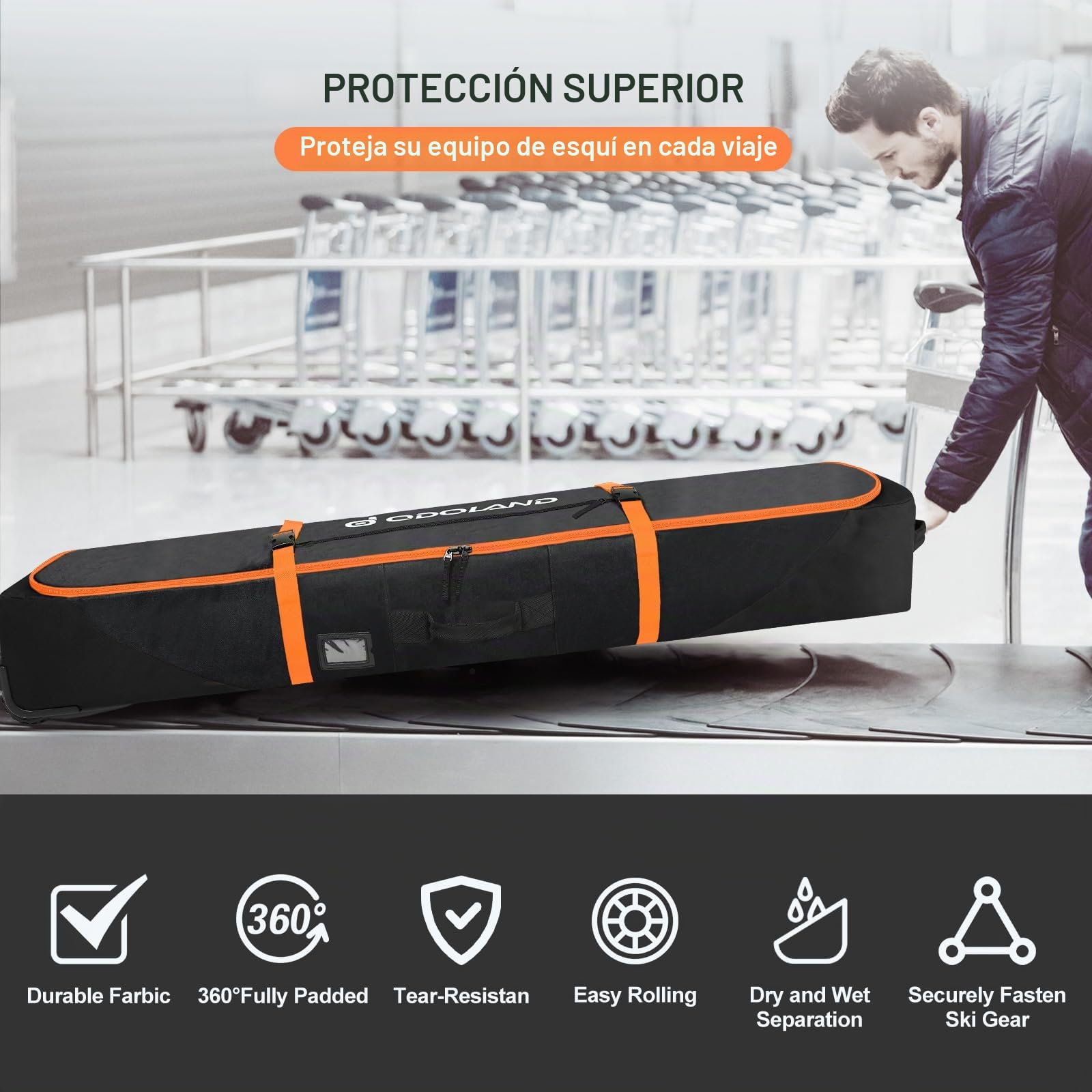 Odoland Bolsa de Esquí con Ruedas Bolsas Acolchadas para Snowboard y Botas de Esquí con Ruedas para Viajes en Avión, Tela Oxford 900D Impermeable, Apta a 2 Pares de Esquís de 170/190 cm