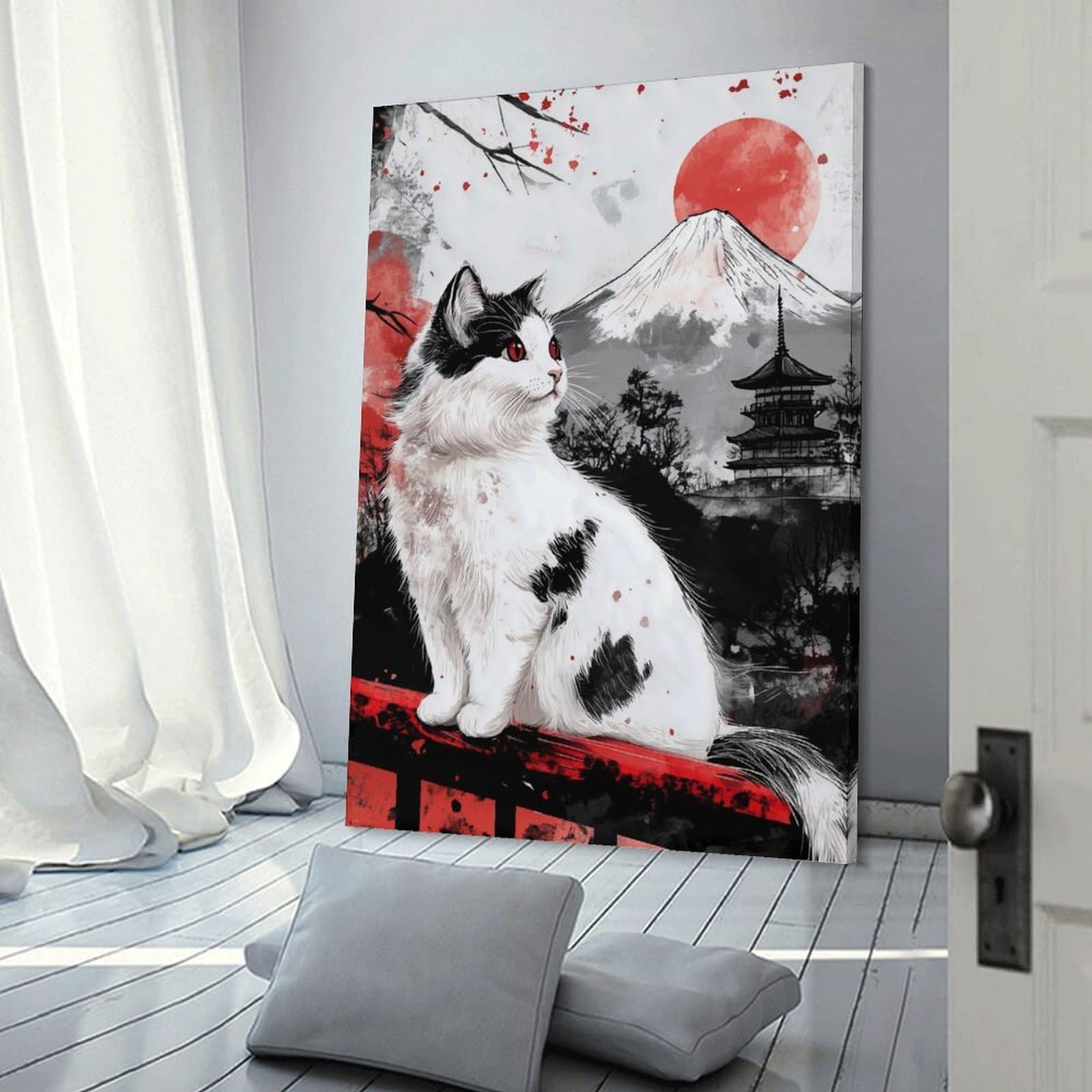 Junmoney Wall Decor Canvas Print Japanese Cat Fuji Mountain, 20x30inch(50x75cm), for Bedroom, Lounge Or Dressing Area, Stylish Decor for A Restful Room Update