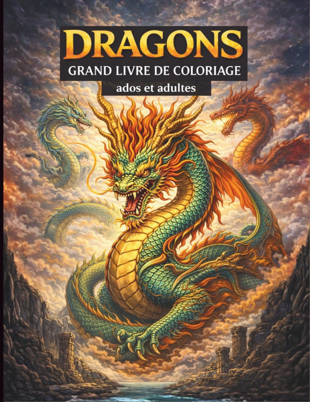 DRAGONS – GRAND LIVRE DE COLORIAGE: Cahier de dragons à colorier pour ados et adultes. Dessins pour se relaxer et stimuler la créativité. Illustrations scènes fantasy détaillées.