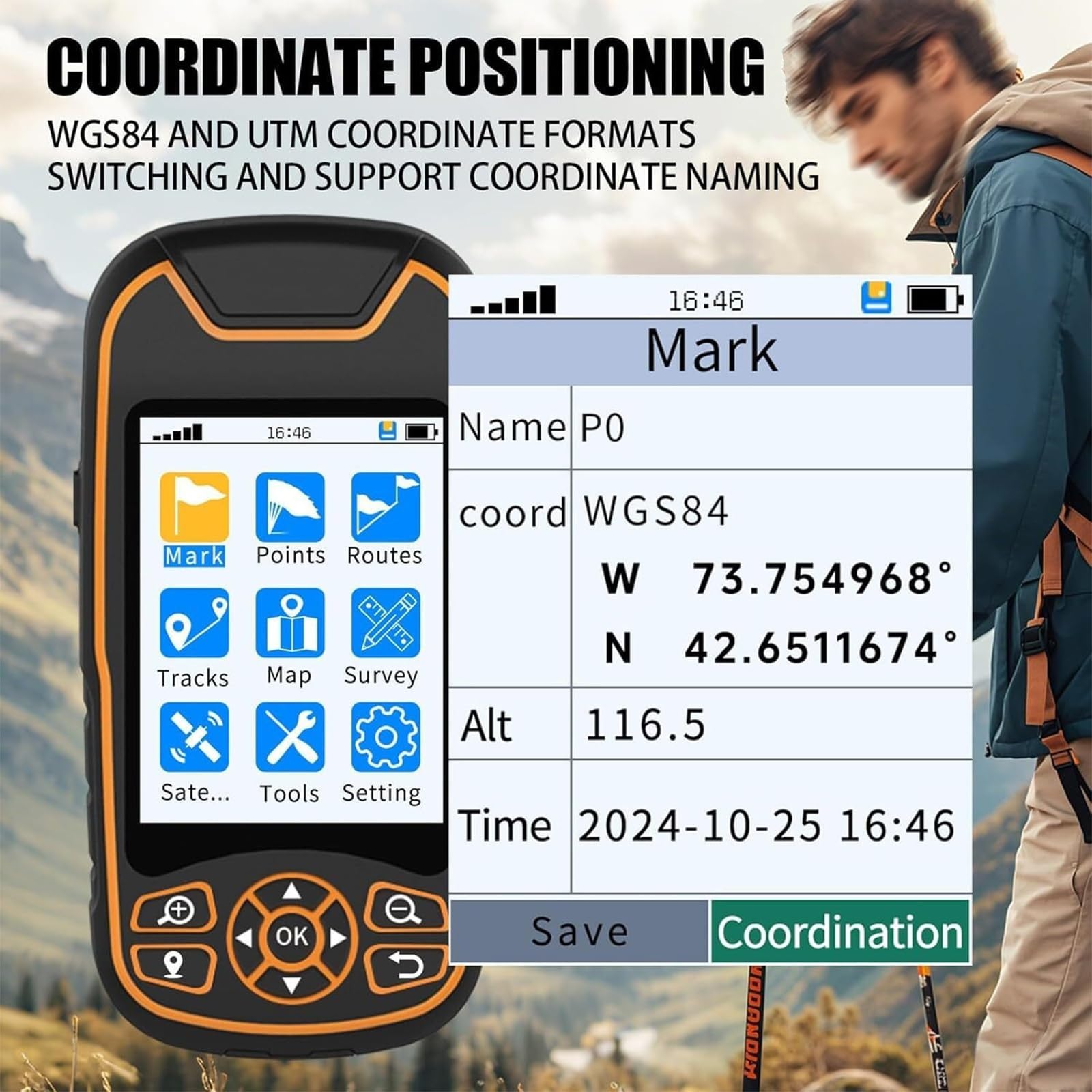 Medidor de tierra GPS de mano, herramienta de adquisición de coordenadas impermeable con pantalla de 3.2 pulgadas, 9 modos, batería de 4000 mAh para senderismo al aire libre y topografía de tierra
