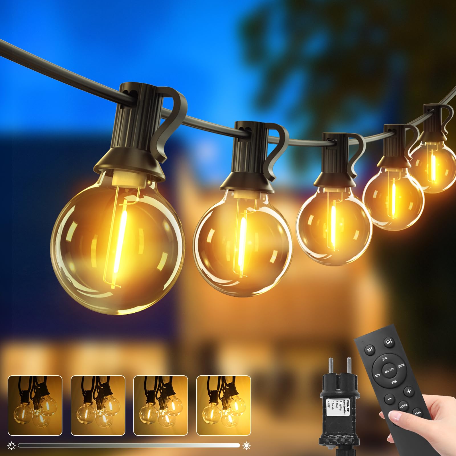 btfarm 30M Lichterkette Außen mit Fernbedienung & Timer, Dimmbar LED Outdoor Lichterkette Strom, IP44 Wasserdicht Wetterfest Lichterkette Glühbirnen für Garten Terrasse Party Weihnachten, Warmweiß