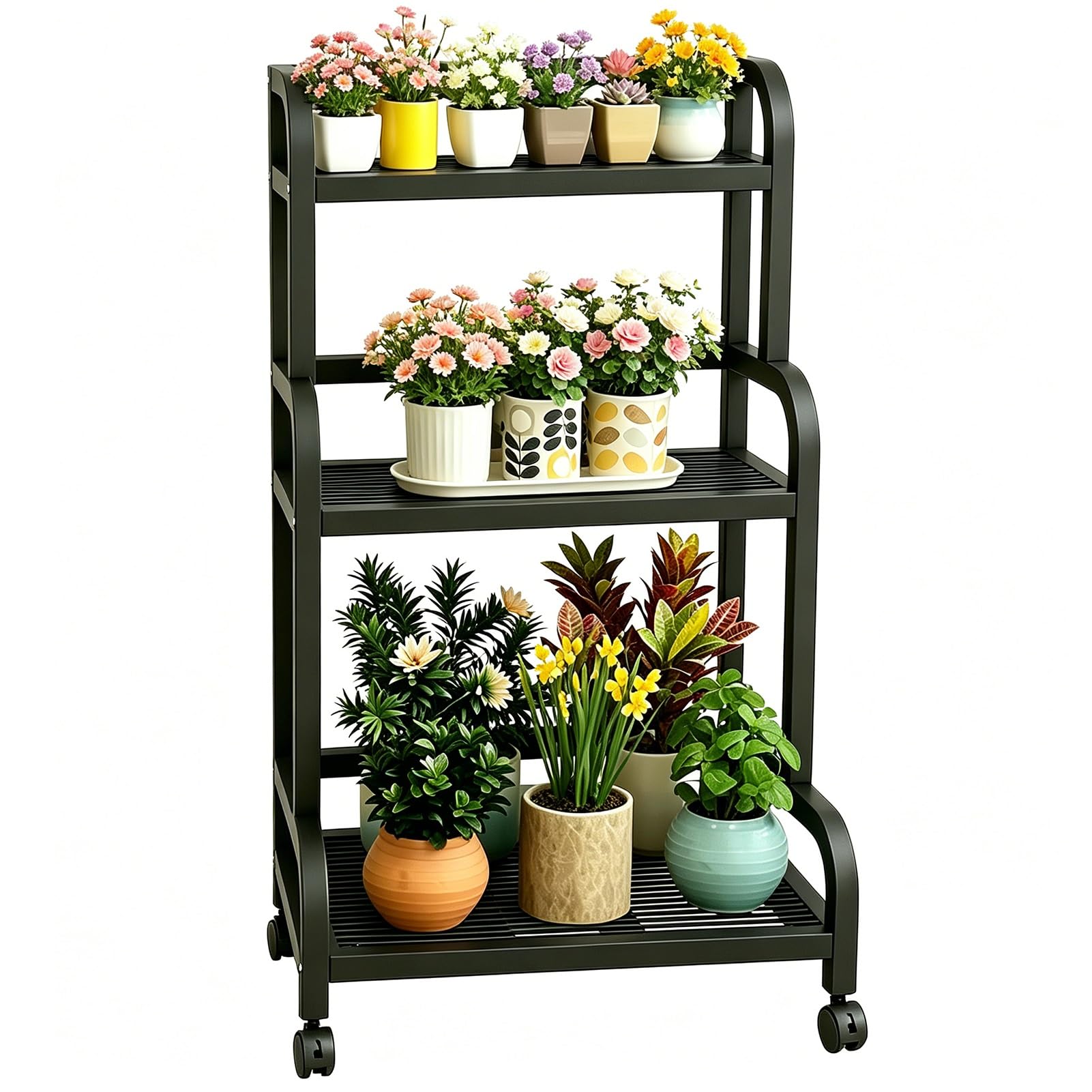 DMCHENGMA Large Black Metal 3-Level Tiered Plant Stand | Rolling Multiple Planter Shelf with Lockable Wheels, Sturdy Iron Corner Display Rack(100x40x107cm)