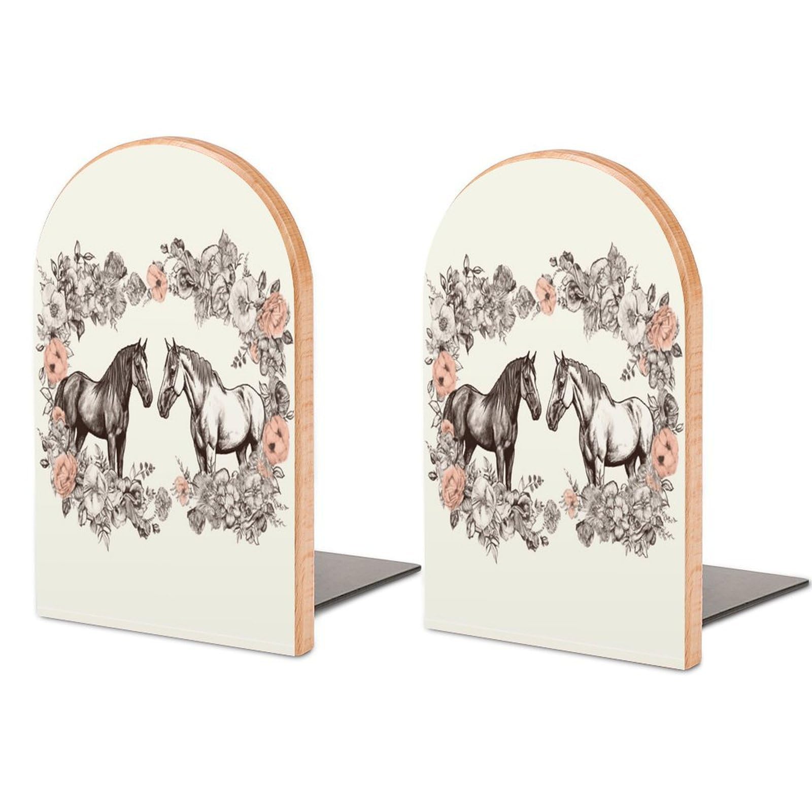 Flowers and Horses Hand Drawn Bookend Wood Book End for Shelves Heavy Duty Non-Slip Wooden Bookend Support Universal Economy Bookends Fancy Modern Decorative Book Accessories 1 Pairs