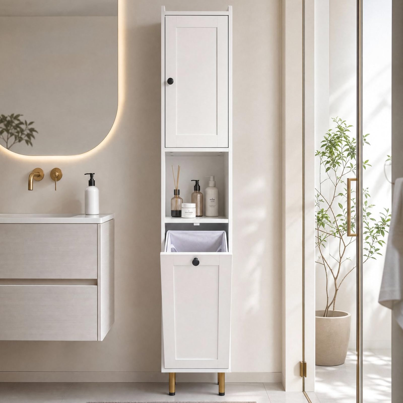 Badezimmerschrank mit Wäschekorb, 181cm Schmaler Badschrank Hoch, Badezimmer Hochschrank, Freistehender Wäscheschrank mit herausnehmbarem, Wäschesack aus Stoff & Kippschutz, 30 x 30 x 181cm, Weiß, 1pc