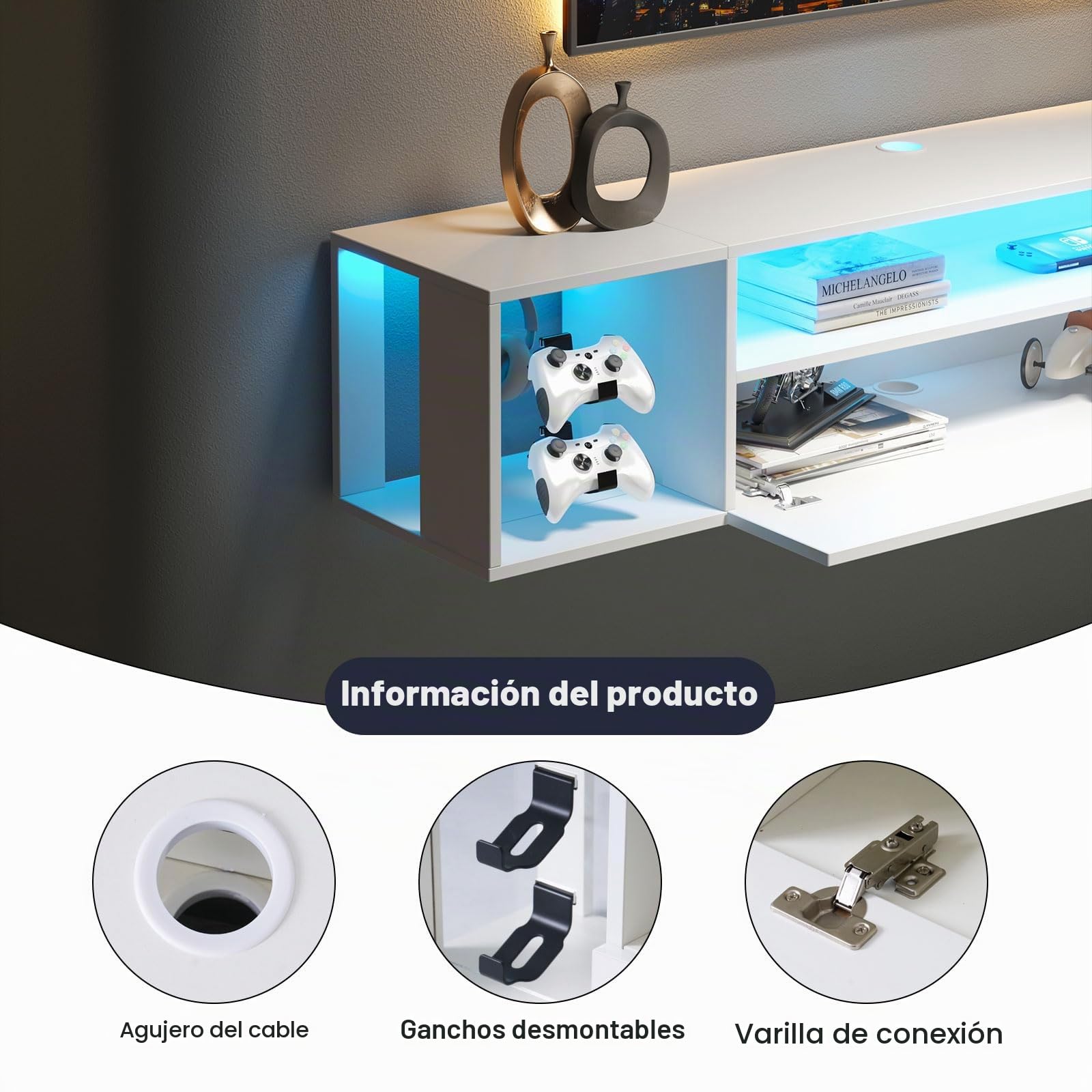 soges Mueble de TV Colgante para Centro de Entretenimiento con Luces LED, 140 cm Banco de TV montado en la Pared con Gestión de Cables, Soporte de TV, Blanco