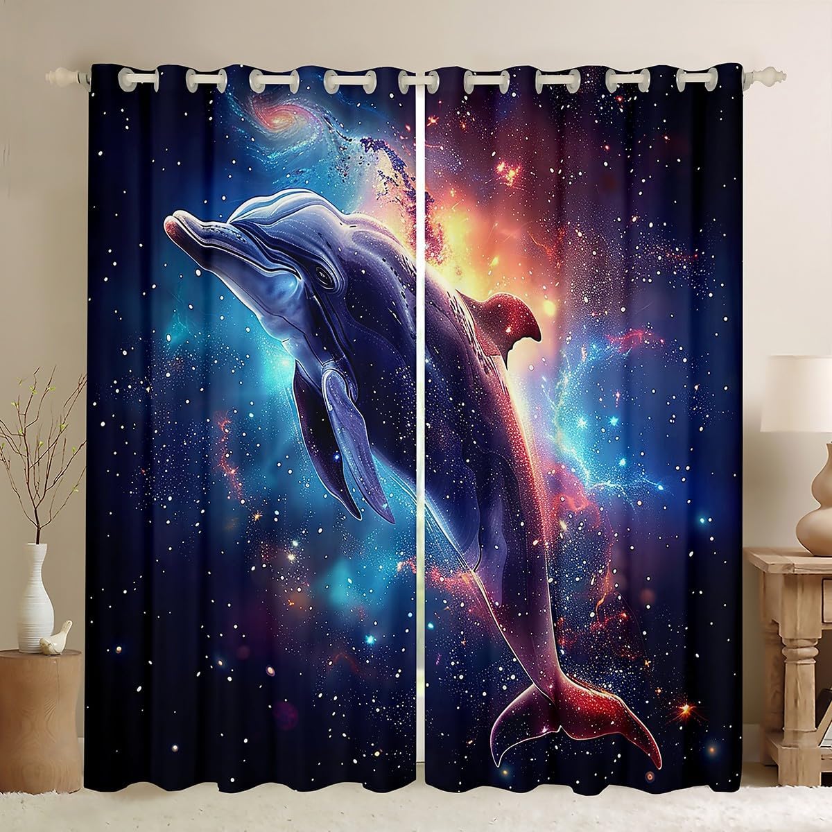Castle Fairy Dolphin Window Curtains,Universe Galaxy Curtain,Sea Animals Window Drapes for Kids Teens Boys Young Man,Modern Bedroom Decorative,Blue Red Sky Curtain,38Wx45L