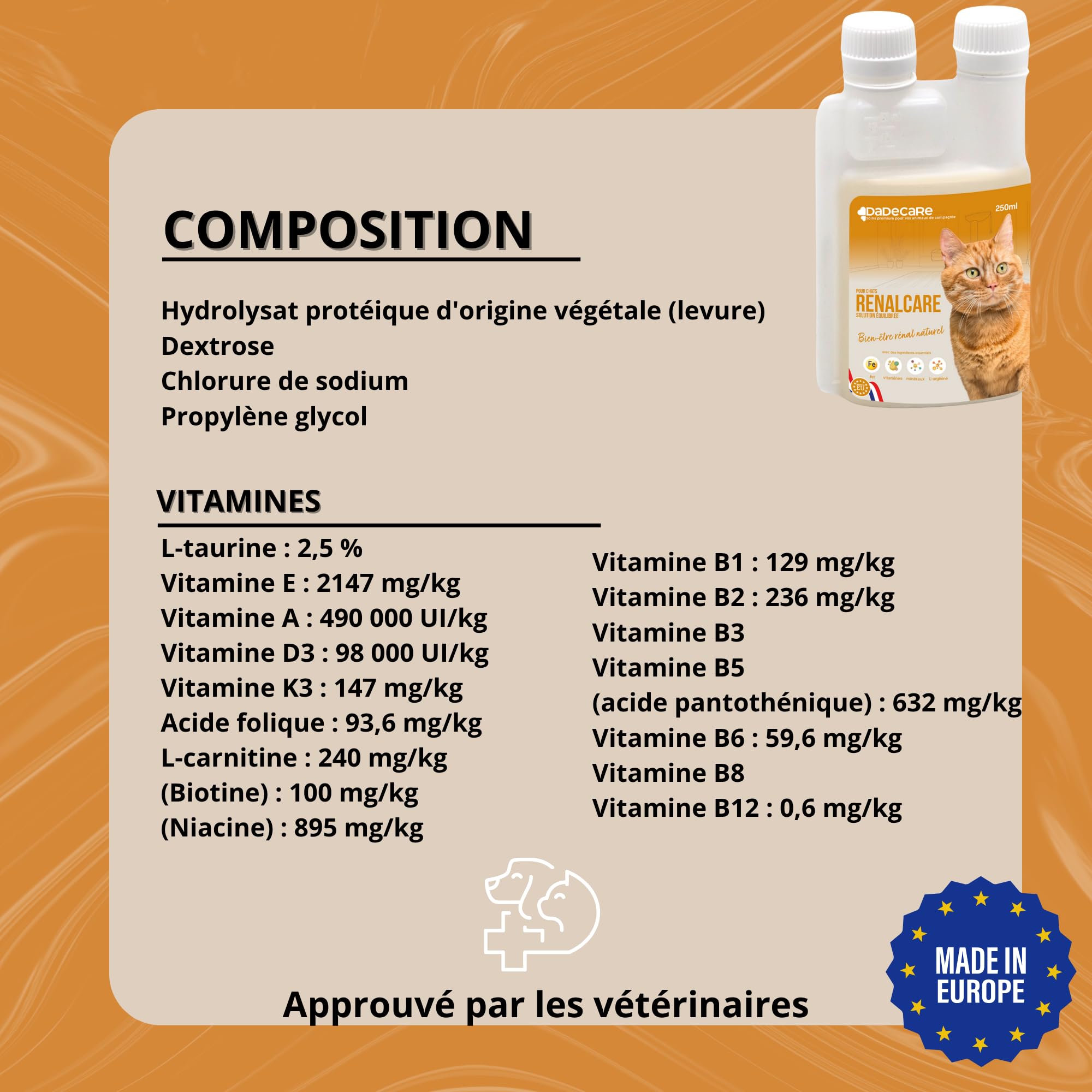 Renalcare - Complément rénal Liquide 250 ML Chats - Redonne énergie et appétit aux Chats souffrant de problèmes rénaux - Prévient l'anémie et favorise la santé rénale - sans phosphore ni Sodium-Bacon