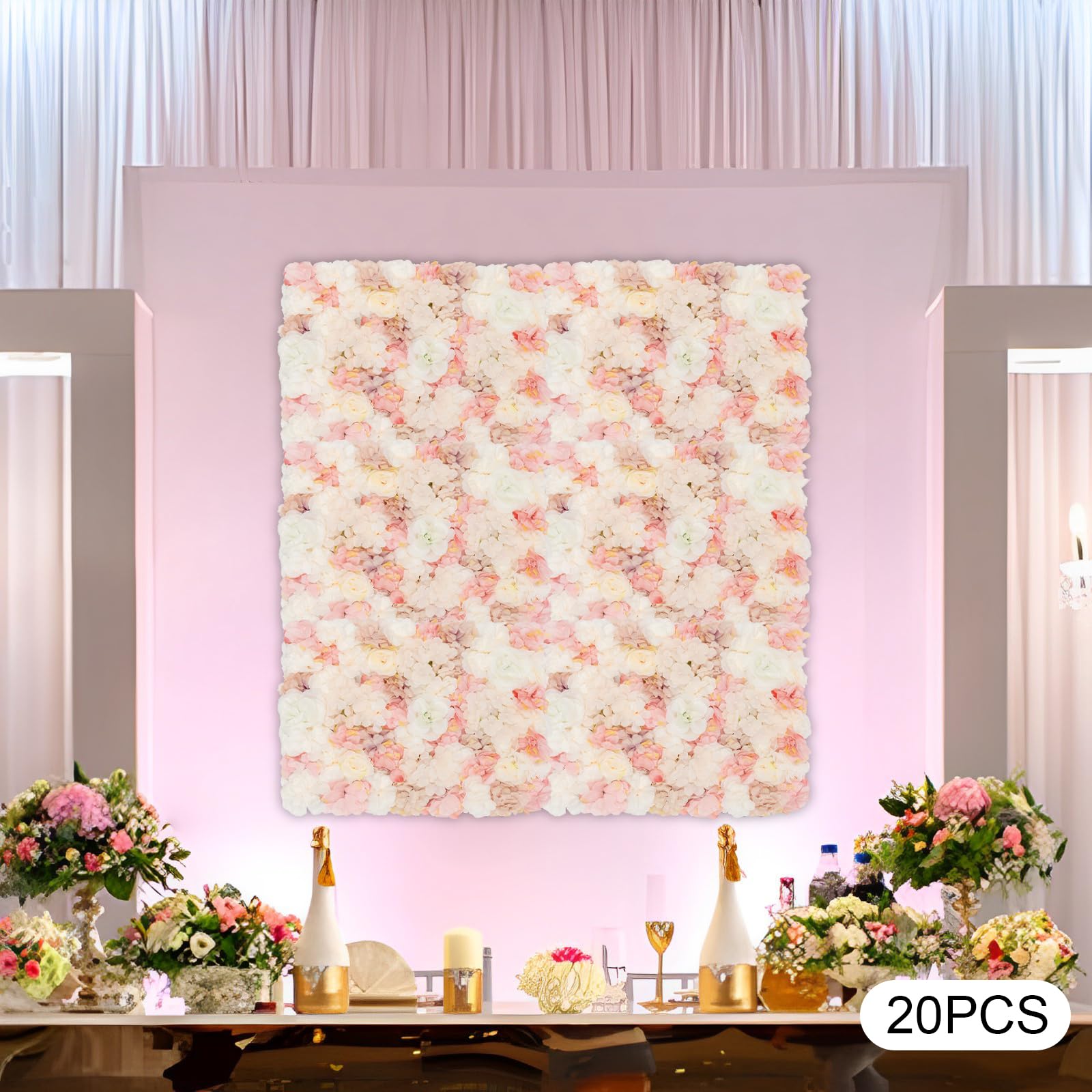 Blumenwand künstliche Blumen Wandpaneel Blumenkulisse, 20 Stücken Wanddekorationskulisse (Dahlie+Rosen + Hortensie) 60 * 40cm - Weiß, Rosa