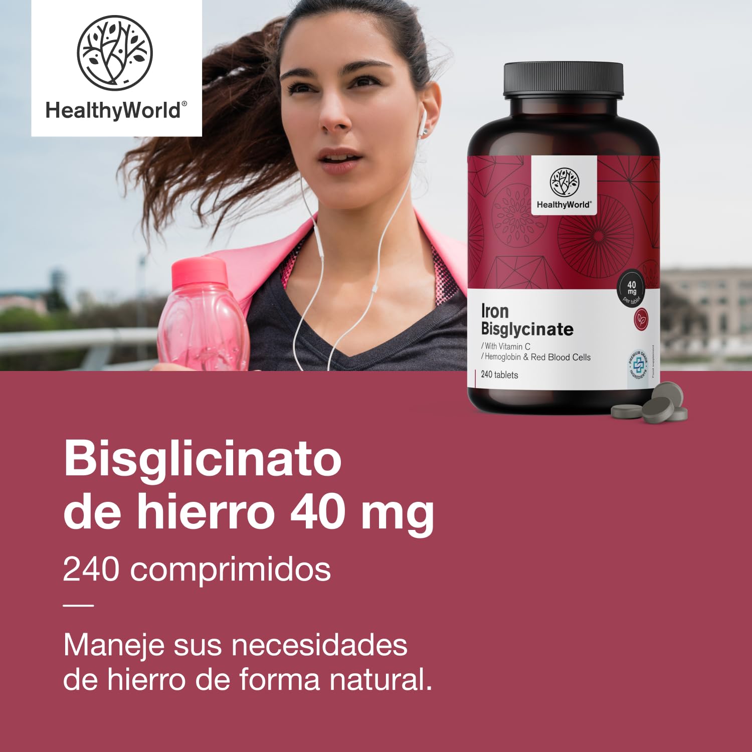 HealthyWorld Bisglicinato de hierro - Con vitamina C - 240 Comprimidos - Suministro para 8 meses - Sin OMG ni colorantes artificiales - 40 mg de hierro, 40 mg de vitamina C - Máxima calidad