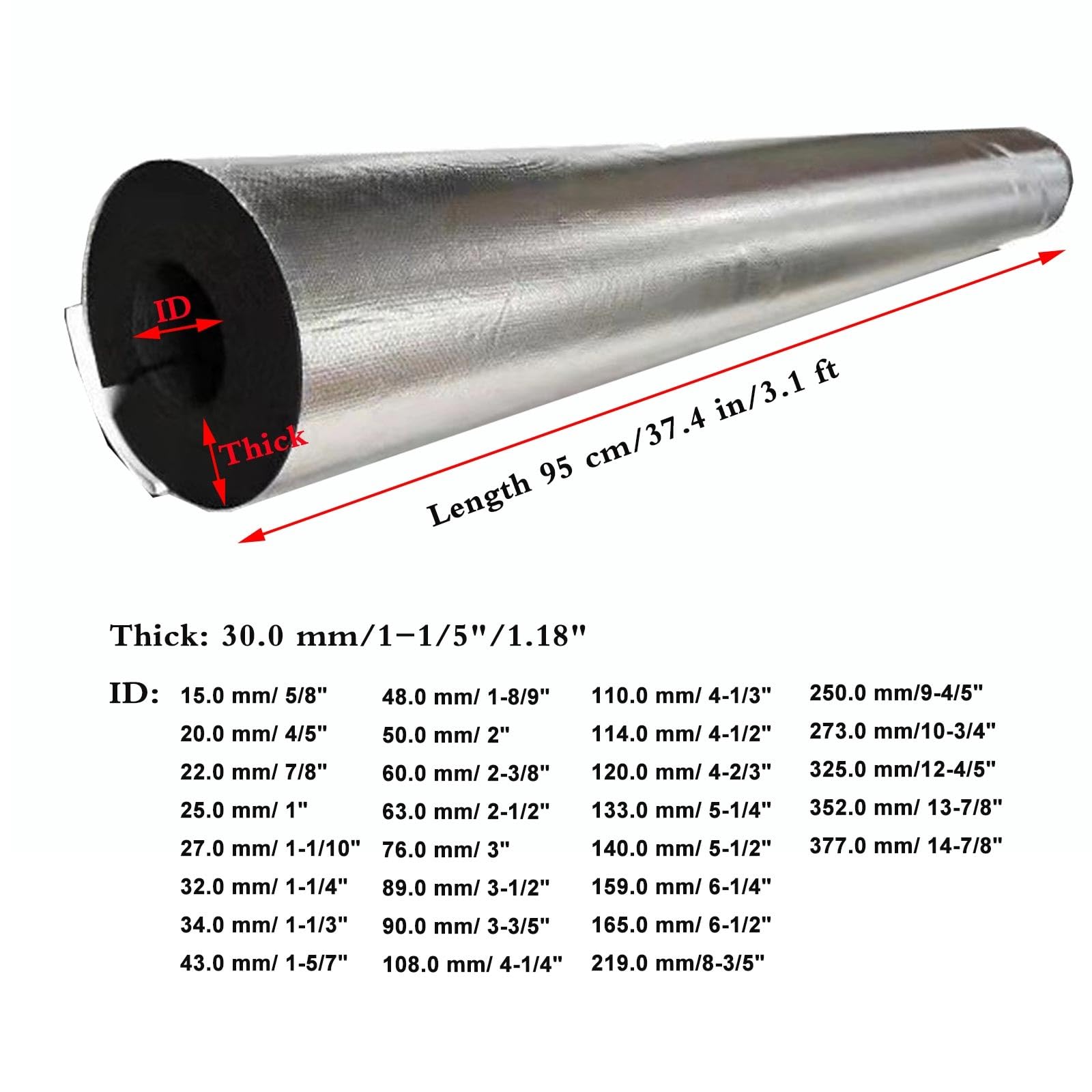 Revestimiento de Tuberías Anticongelante Aislamiento de Tuberías Tubo de Espuma Impermeable a Prueba de Fuego Aislamiento de Tuberías de Agua Longitud de La Tubería 95 cm Espesor 30 mm ID 20-377.0 mm(