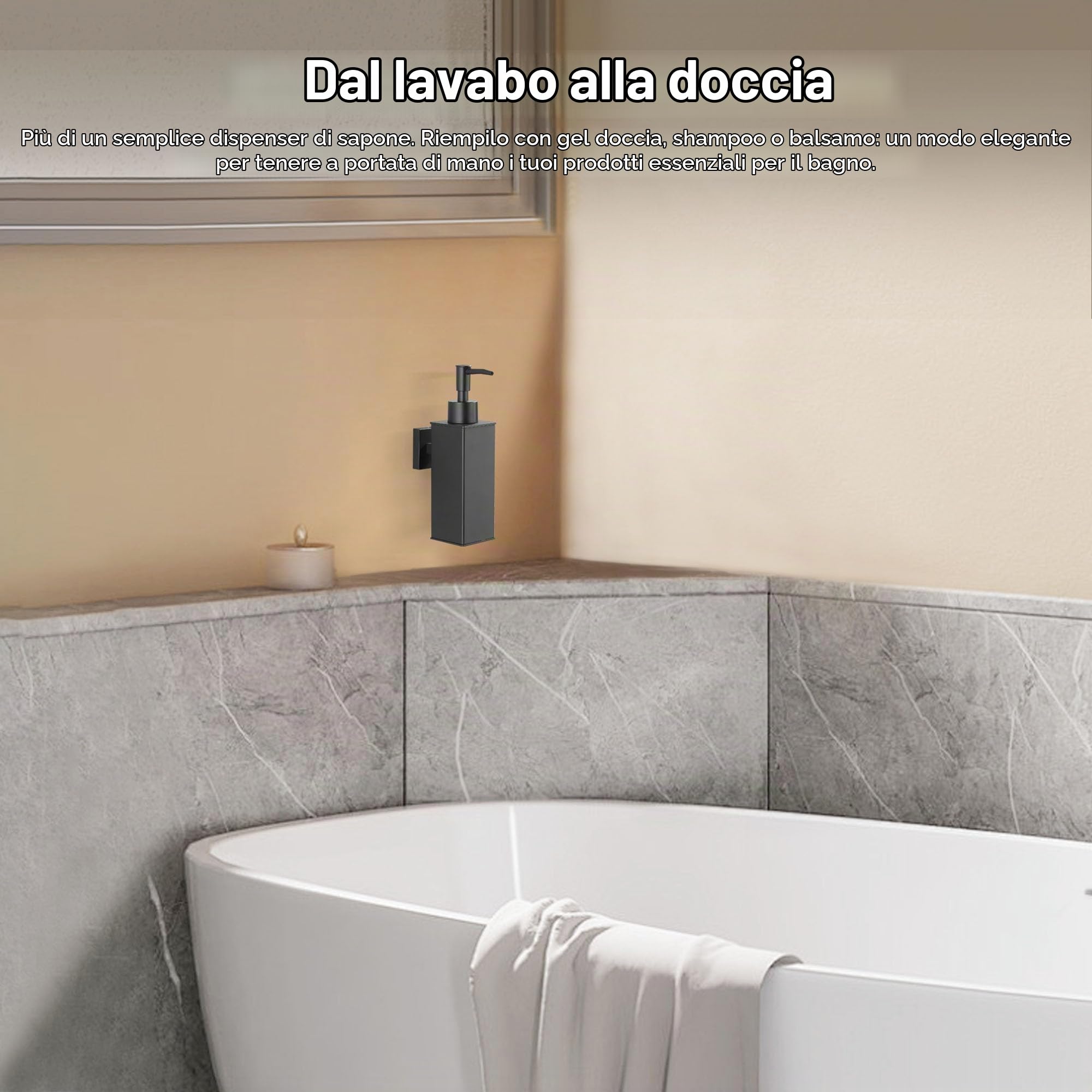 BGL Dispenser di sapone da parete, 2 pezzi, in acciaio inossidabile 304, dispenser per lavaggio a mano liquido per bagno e cucina, nero