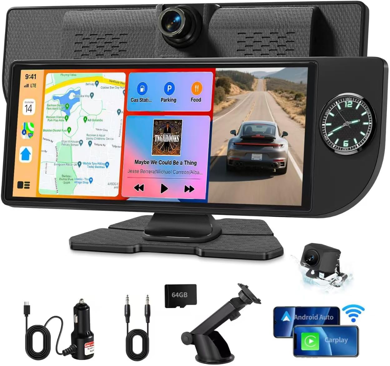 Wireless Carplay Screen for Car - 10.26 Inch Apple Carplay & Android Auto Car Stereo Portable Carplay Touchscreen with Built-in Clock, 4K Dash Cam, 1080P Backup Camera (Front&Rear Camera, Black)