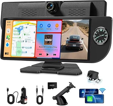 Wireless Carplay Screen for Car - 10.26 Inch Apple Carplay & Android Auto Car Stereo Portable Carplay Touchscreen with Built-in Clock, 4K Dash Cam, 1080P Backup Camera Front&Rear Camera, Black