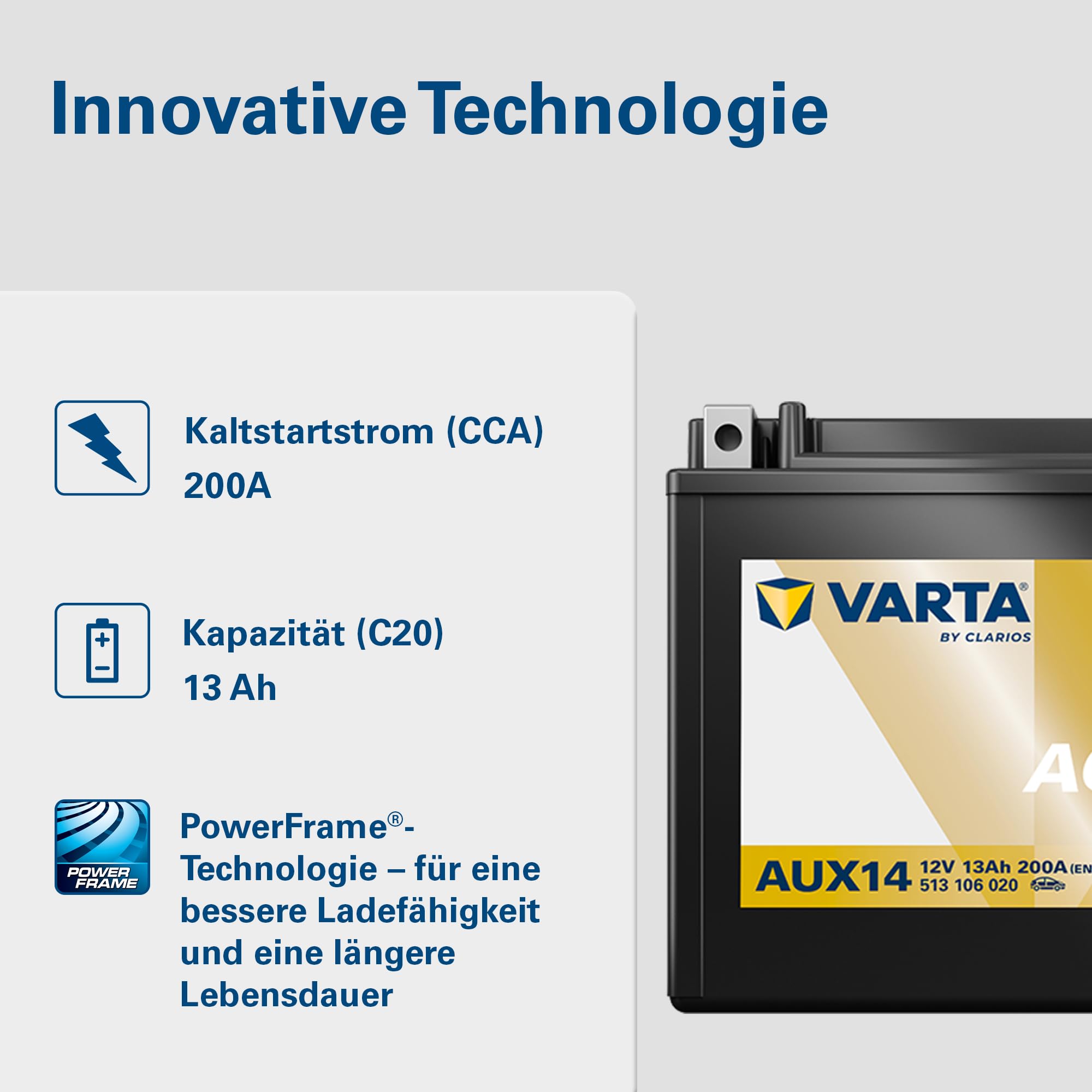 VARTA Automotive DYNAMIC AGM Auxiliary (AUX14) 12V 13Ah 200A - Stützbatterie Nassbatterie für KFZ - Zusätzliche Starterbatterie für Autos mit hohem Energiebedarf - Wartungsfreie Bleisäurebatterie